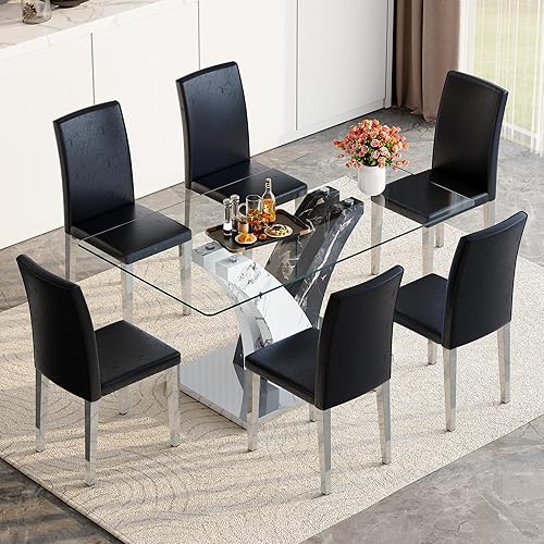 Miniatura 16 de AZmac Juego de mesa de comedor de cristal para 4, juego de mesa de comedor de 63 pulgadas para 4, mesa de cocina moderna y 4 sillas de comedor de