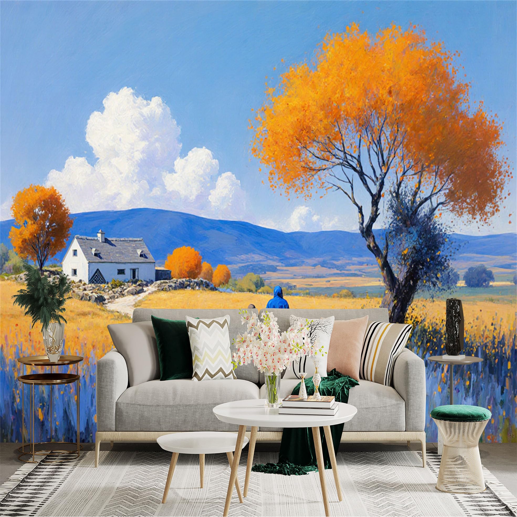 Lnzczhyre Xc260505315 Custom Size Wall Sticker Mural， Countryside Landscape With Yellow Trees， Rural Cottage， Walking People， Scenic Meadow Path， For Wall Decoration， Peelandstick Wall Decals.