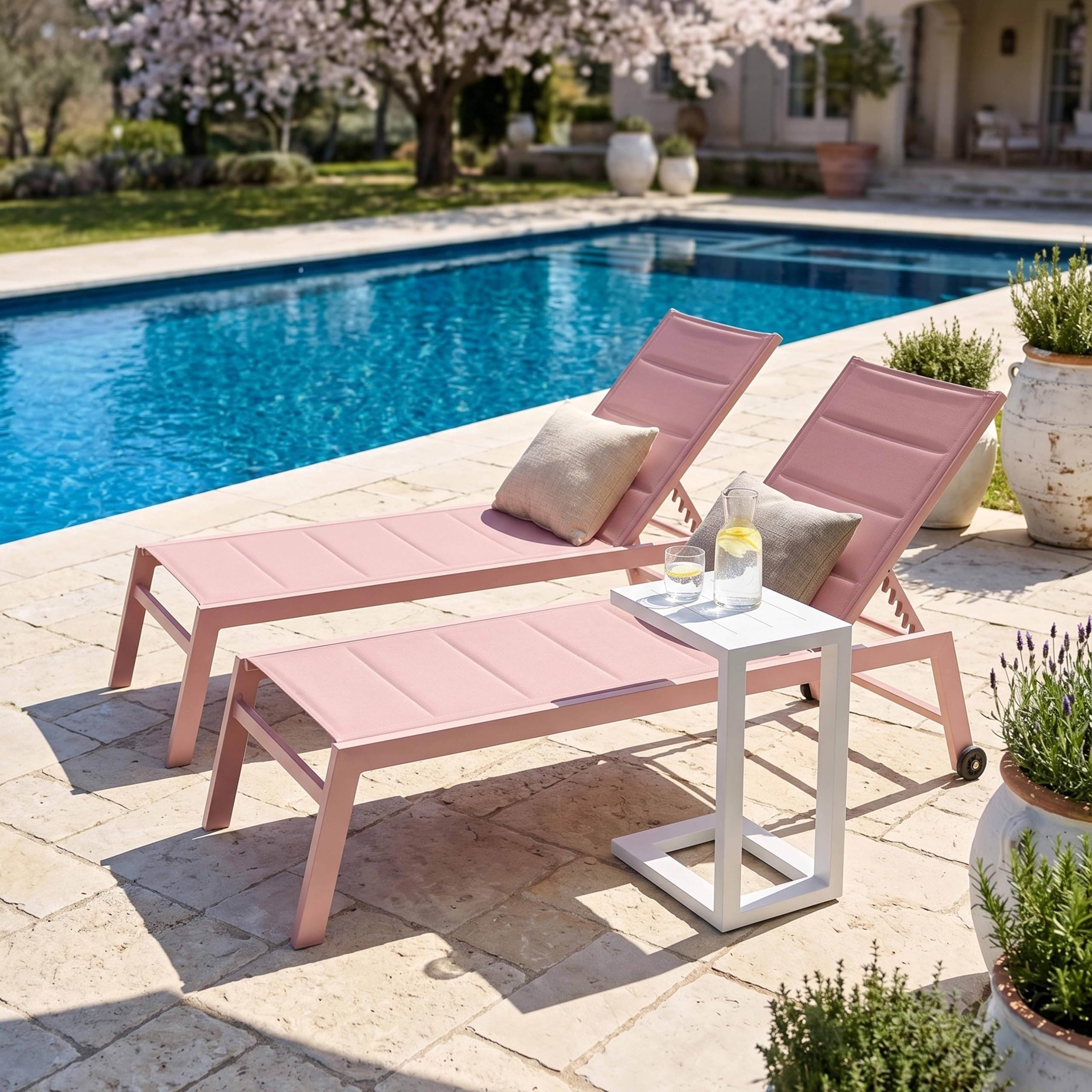 Oviala Lot de 2 Bains de Soleil en Aluminium et textilène Rose poudré