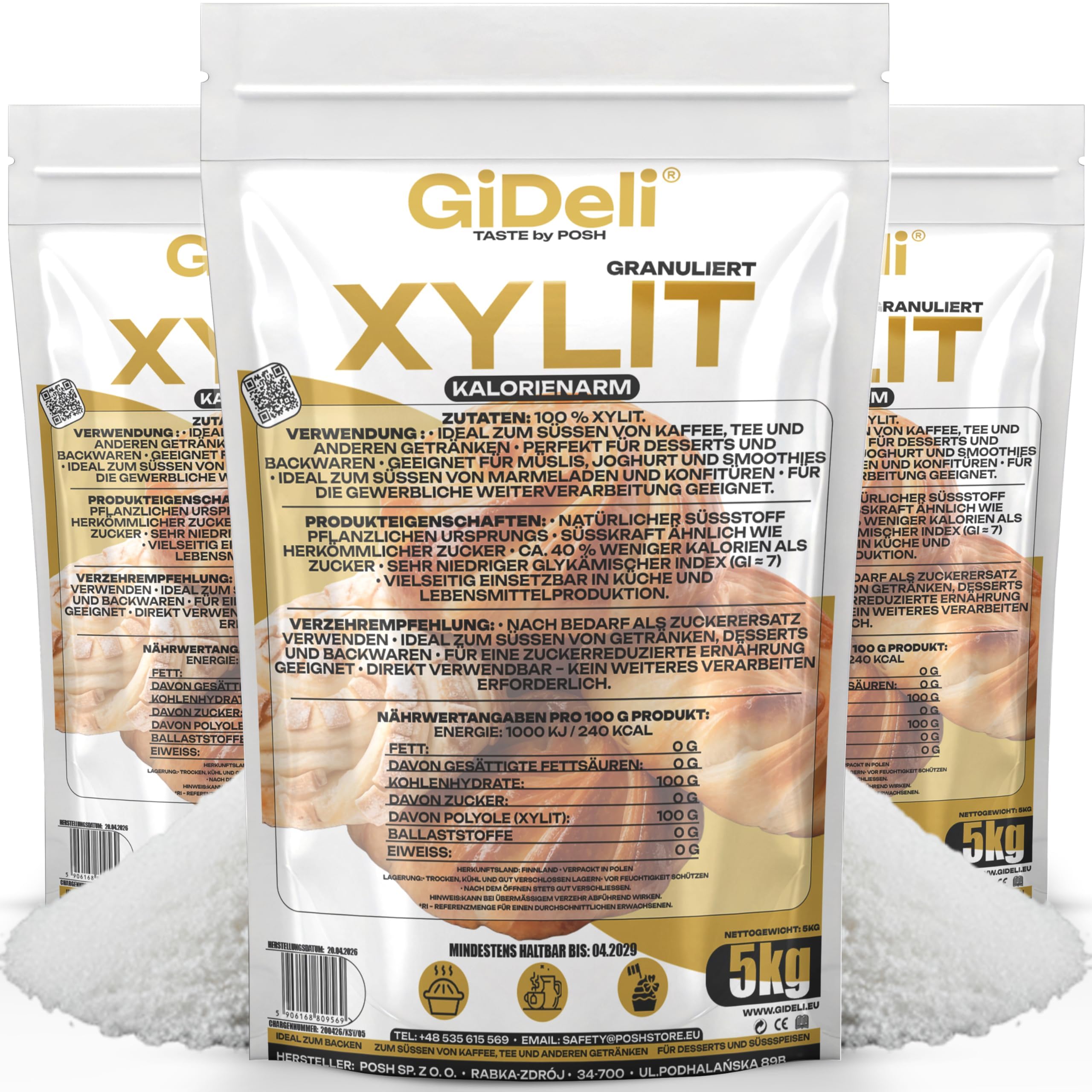 GiDeli Xilitol de Abedul 15 kg, 3 Envases - Edulcorante en Polvo Puro