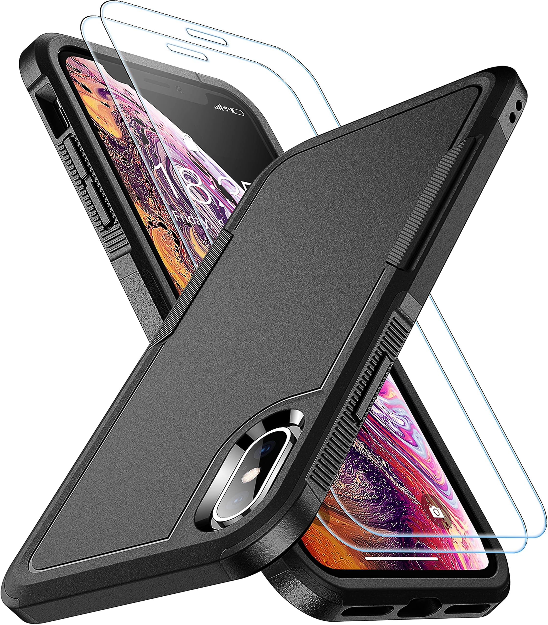 SPIDERCASE for iPhone Xs Max Case, [10 FT Military Grade Drop Protection] [Non-Slip] [2 pcs Tempered Glass Screen Protector] Shockproof Airbag Cushion Protective Case for iPhone Xs Max 6.5” (Black)