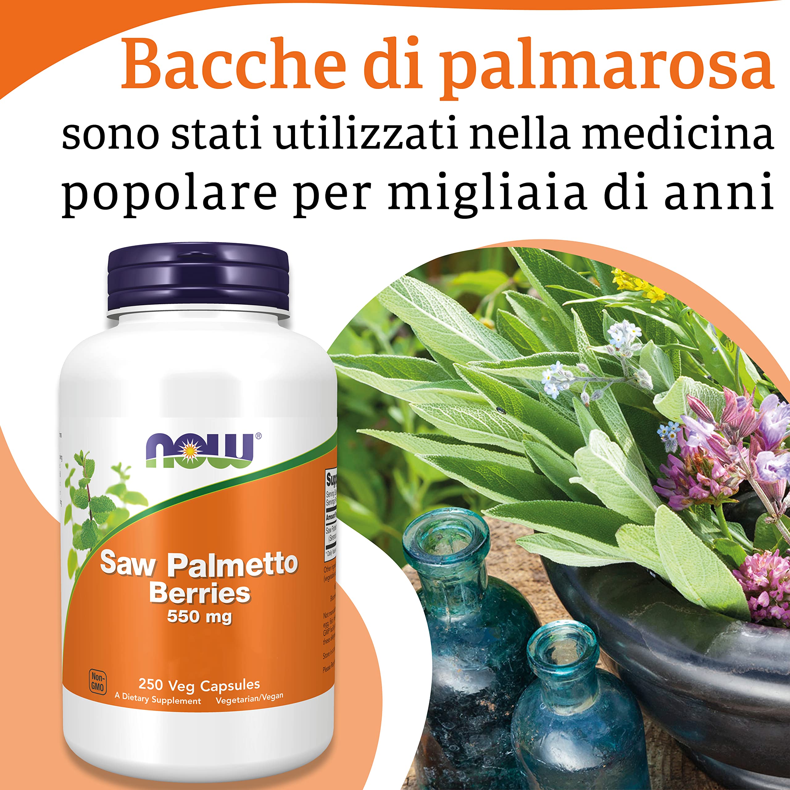 Now Foods, Saw Palmetto Berries (Bacche di Saw Palmetto), 550mg, 250 Capsule vegan, Testato in Laboratorio, Vegetariano, Senza Glutine, Senza Soia