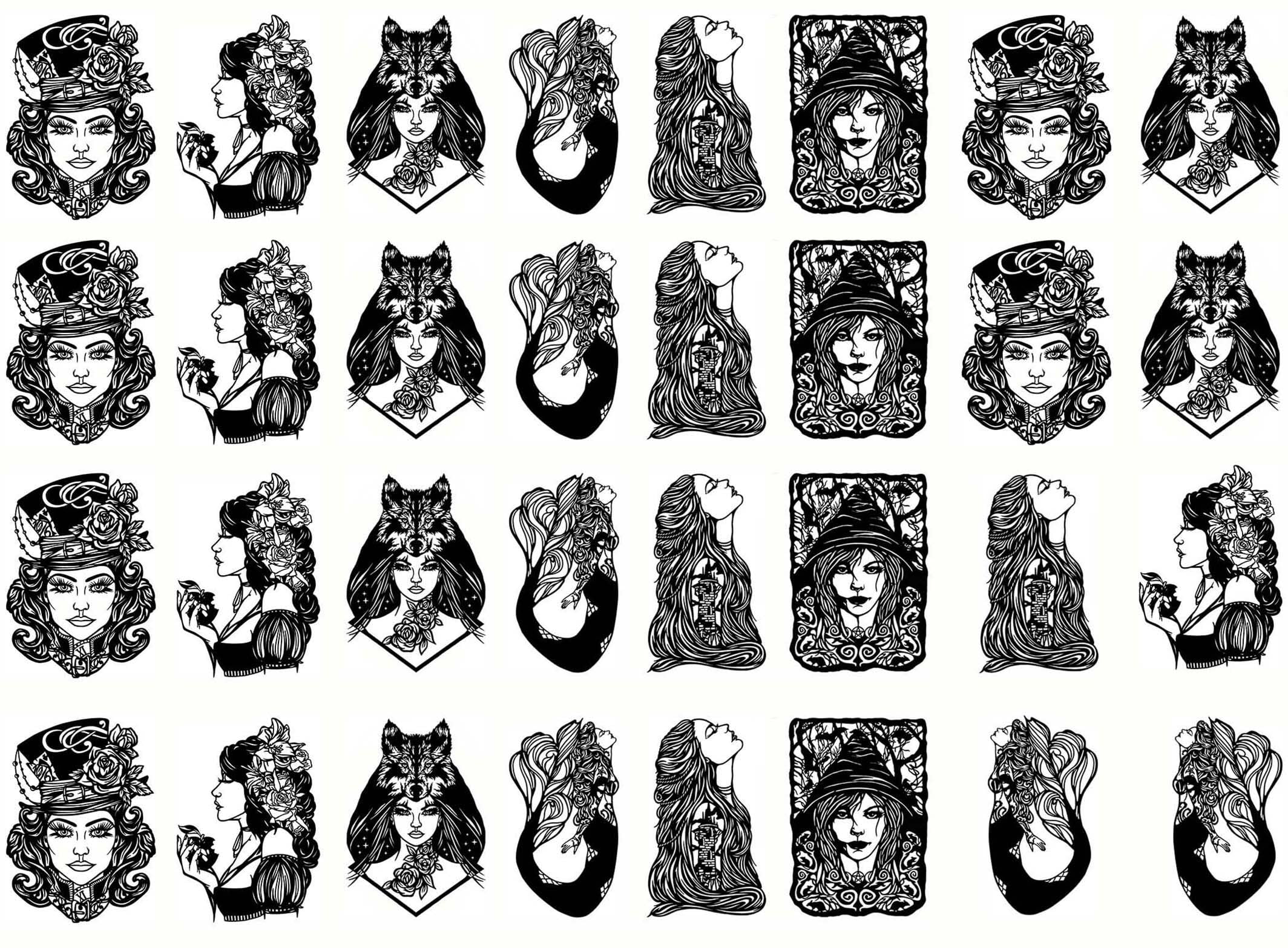 Alice Mermaid Rapunzel 32 pcs Black Fused Glass Decals
