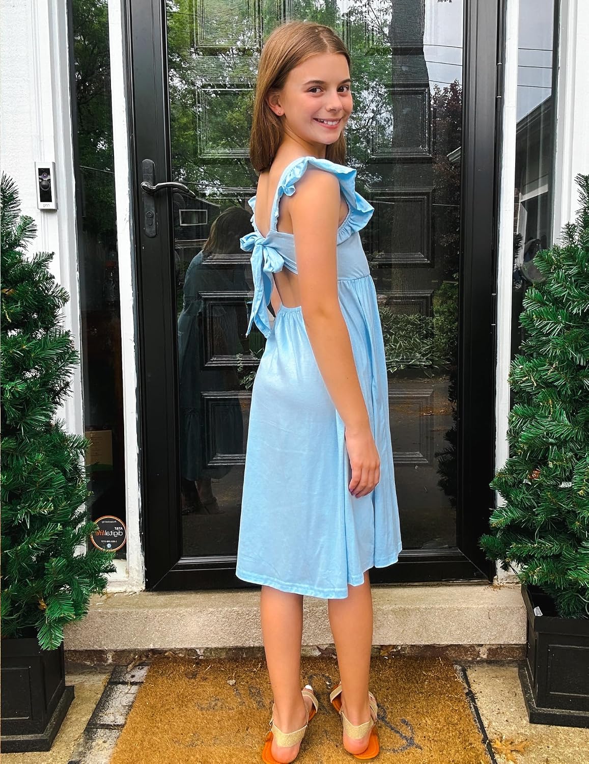 Arshiner Girls Summer Dresses Square Neck Ruffle Sleeve Tie Back A-Line Swing Casual Midi Dress with Pockets