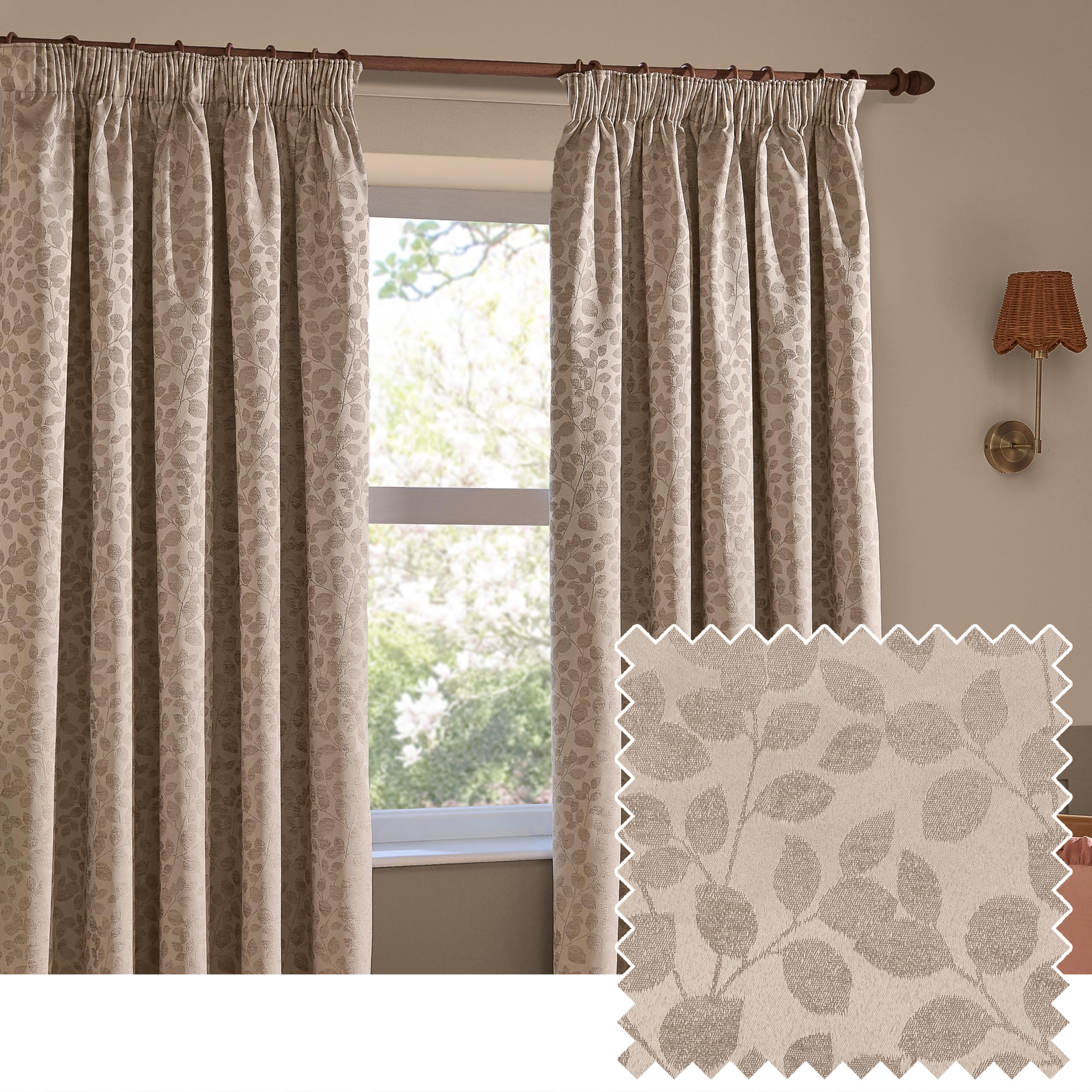 furn. Wylder Grace Leaf Pencil Pleat Curtain Pair – Matt Satin Jacquard Room Darkening Curtains (Taupe – Width 229 x Drop 229cm)