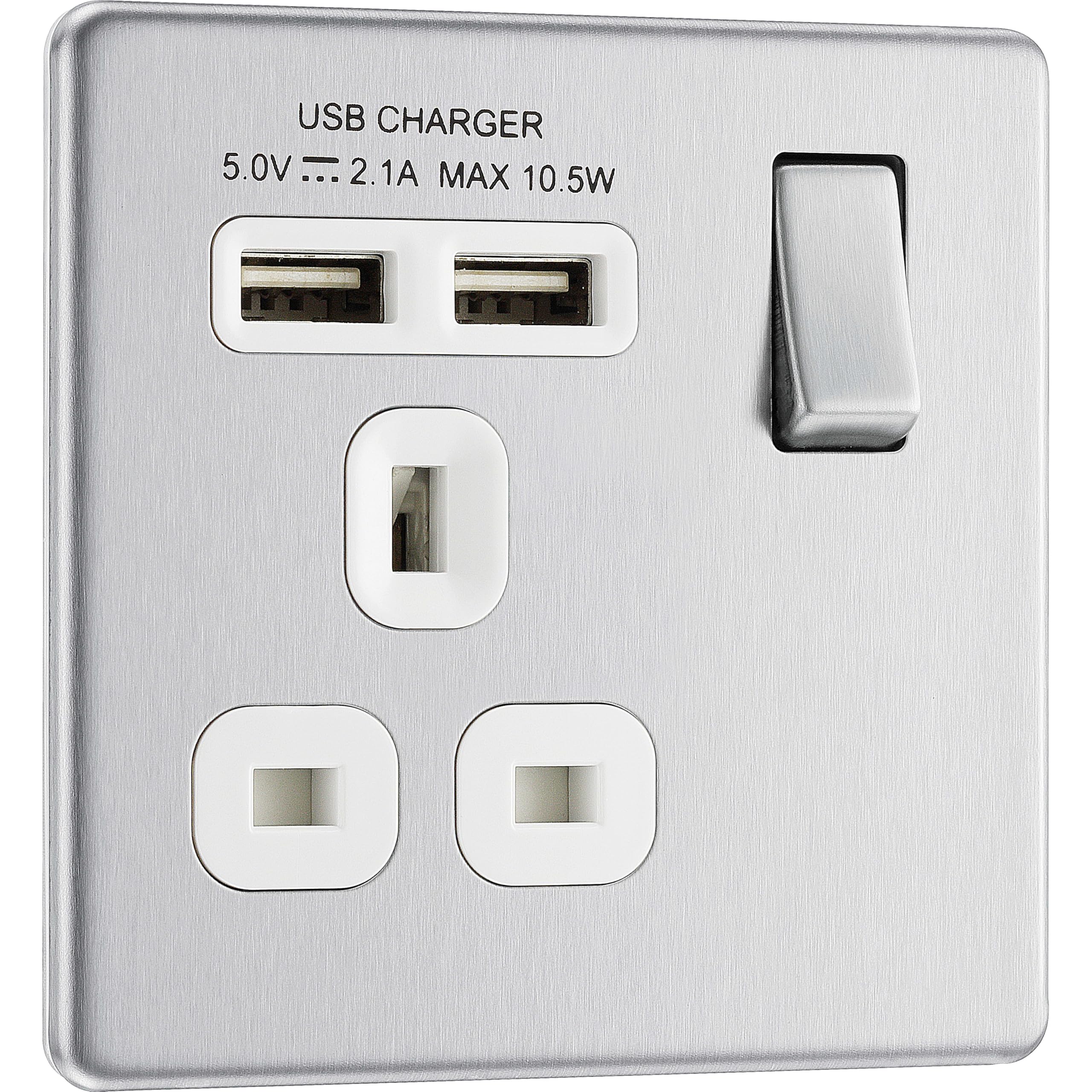 British General Brushed Steel White Insert Bg Electrical Fbs21u2w 2.1 A Masterplug Single Socket With 2 X Usb,
