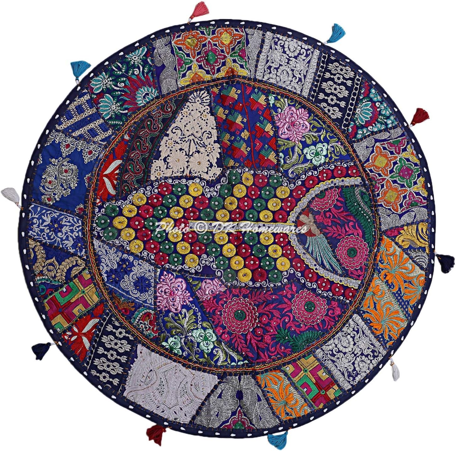Round Traditional Floor Cushions for Adults Dark Blue 28 Inch Patchwork Seating Pouf Ottoman Home Decor Embroidered Vintage Cotton Indian Floor Pillow for Kids 70 cm