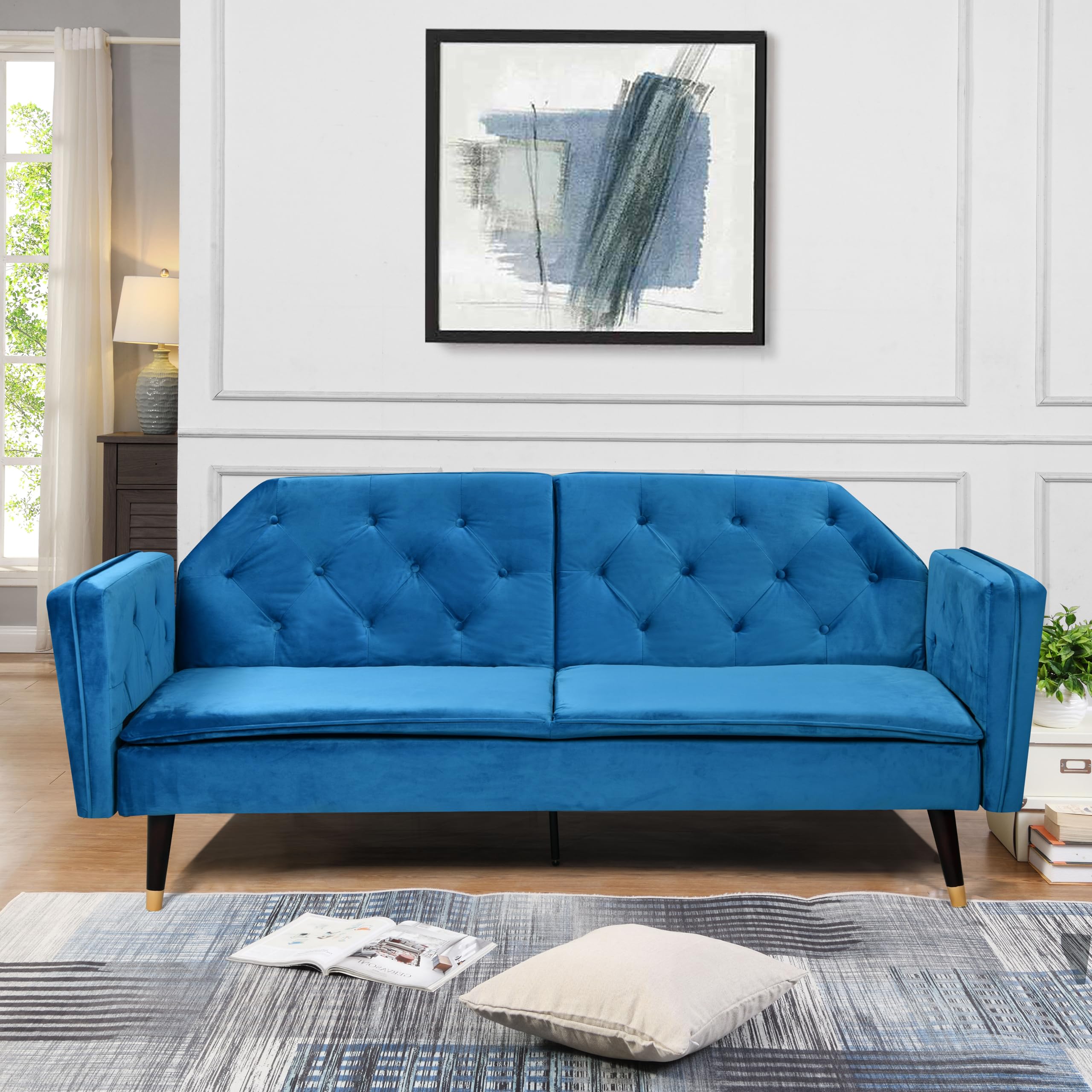 Comfy Living Plush Velvet Tufted Sofa Bed, Blue, Green, Grey or Pink, Black and Gold Legs (Blue)