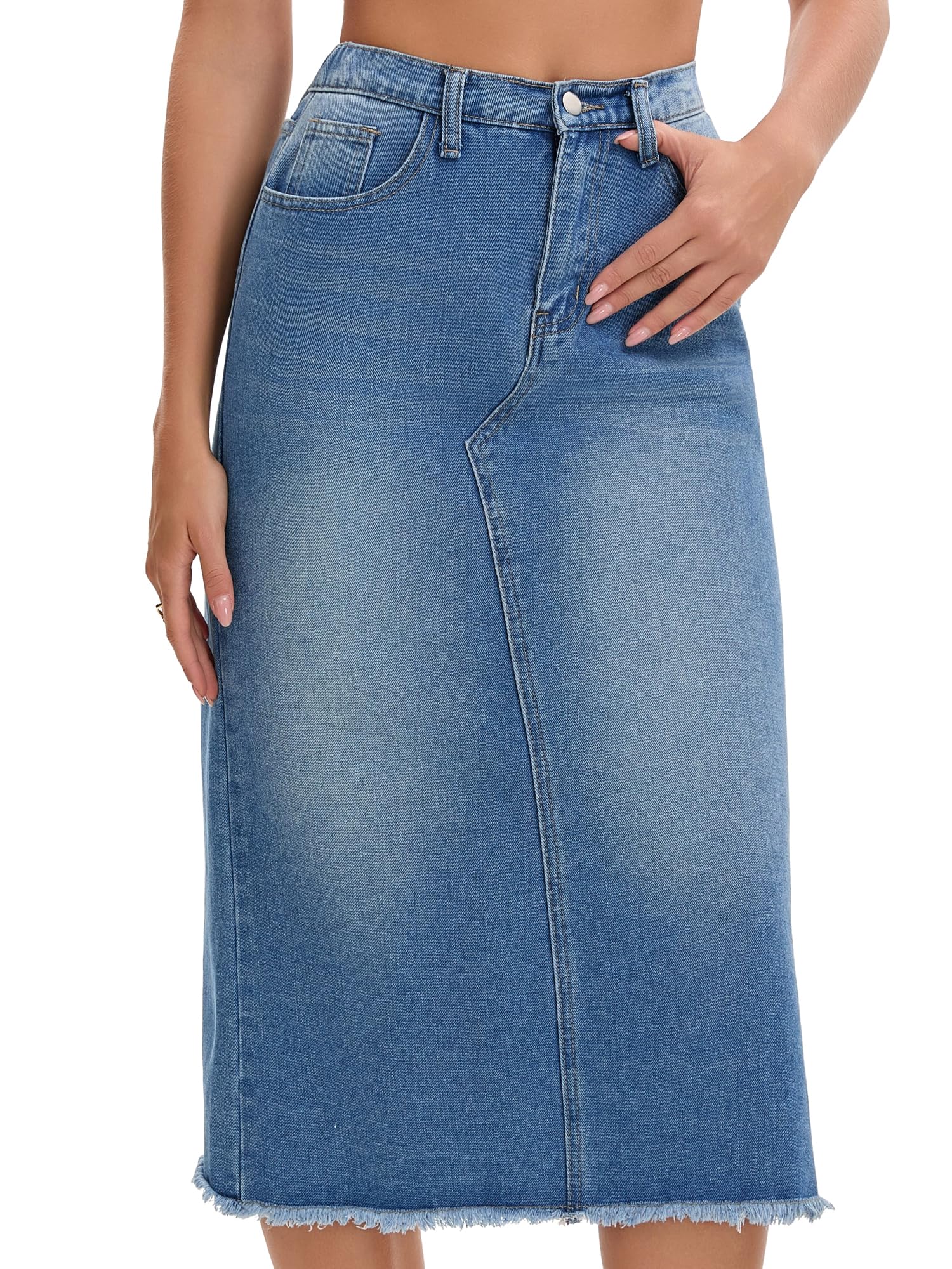 Femme Jupe Longue en Jean Taille Élastique Fente | Longueur Midi Fente Dos Taille Élastique Ourlet Effiloché Coupe Haute Poches Obliques