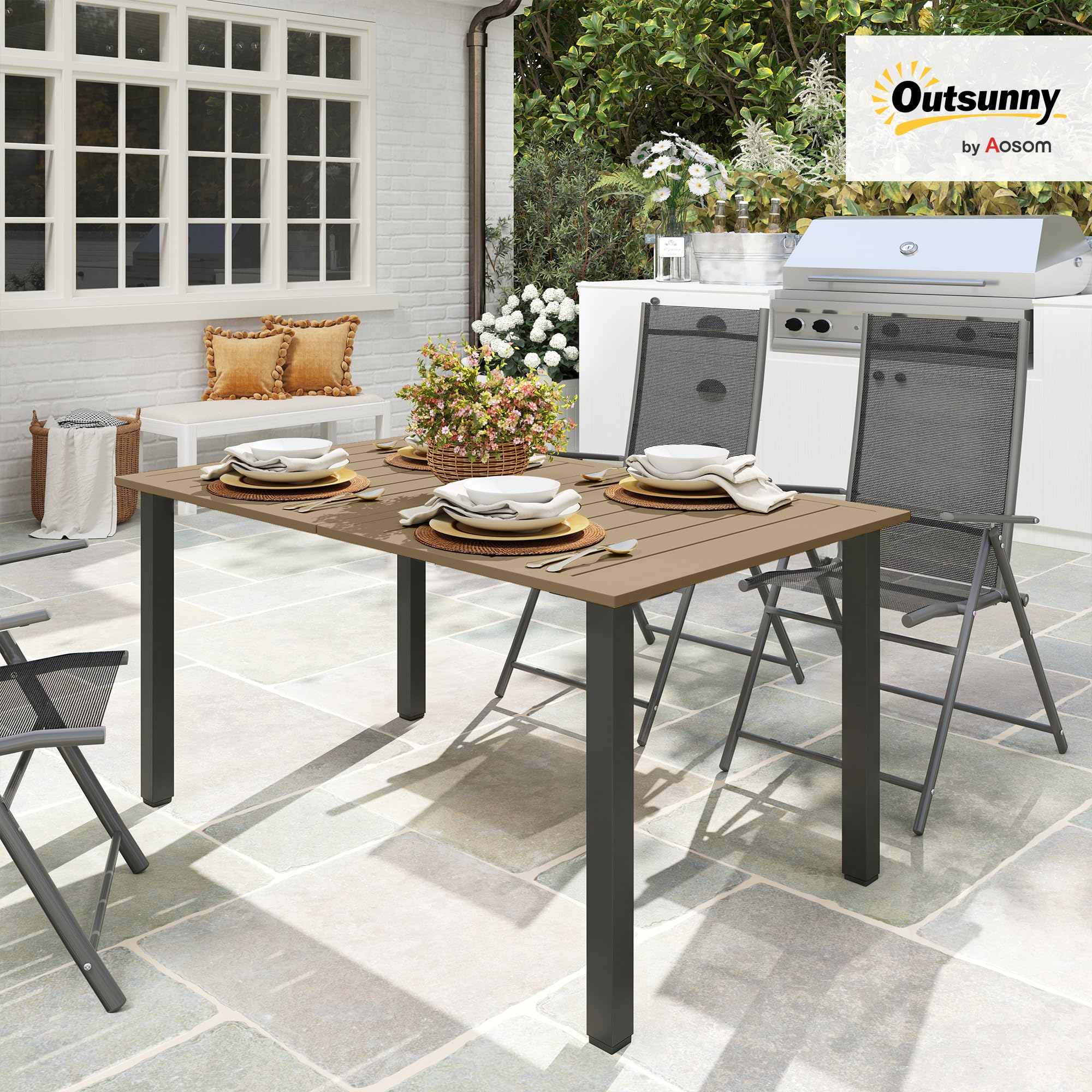 Outsunny Mesa de Jardín Rectangular con Patas de Acero 150x90x73 cm Marrón | Mesa de Terraza Exterior, Orificio para Sombrilla, Diseño de Listones, Carga 70 kg, para Terraza Patio