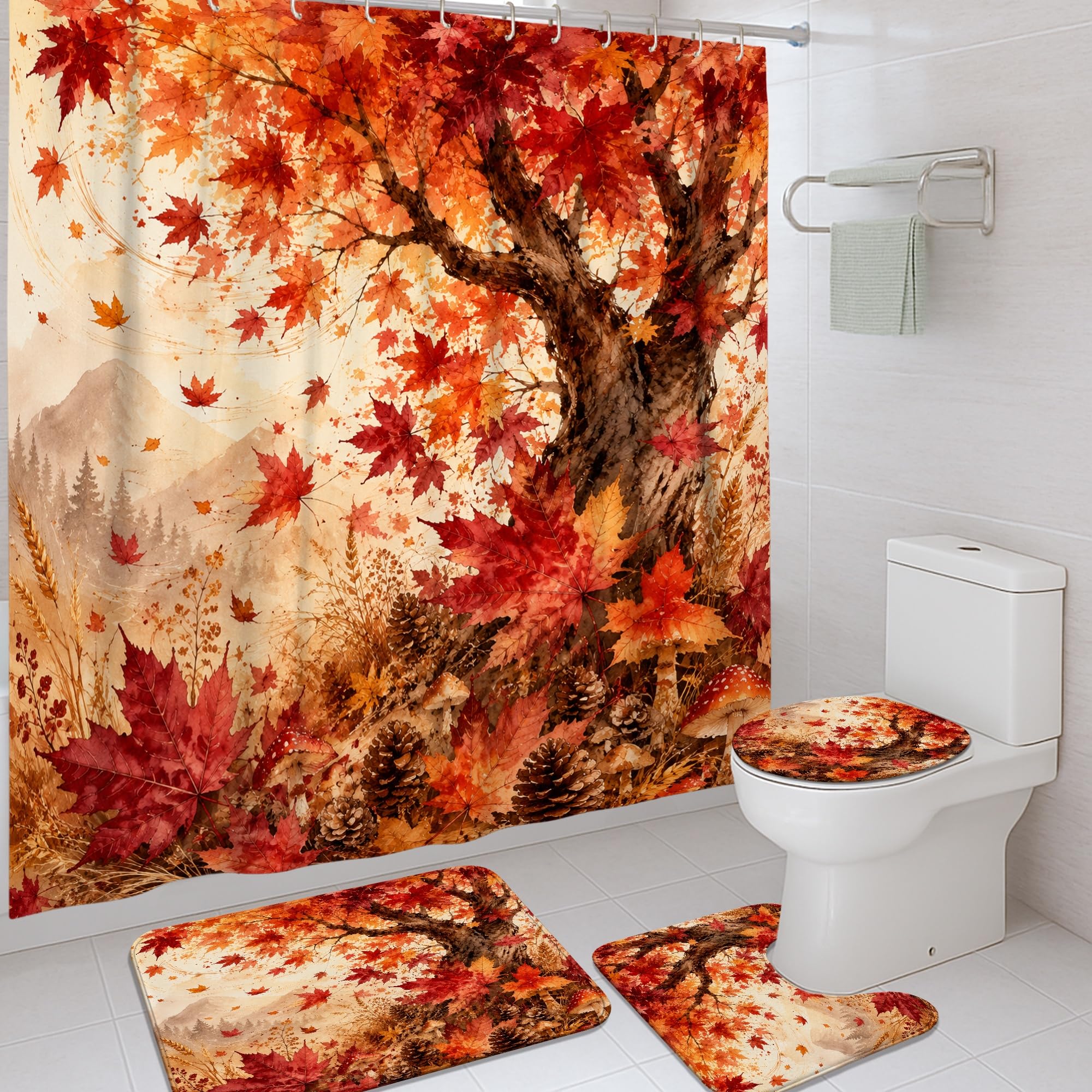 Rideau de douche lavable en tissu imprimé feuilles d'érable avec crochets fournis