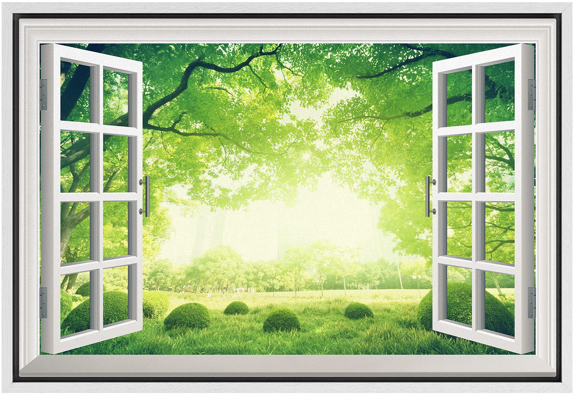 NWT Framed Canvas Print Wall Art Window View of Sunny Day in Green Forest Nature Wilderness Photography Realism Rustic Scenic Colorful for Living Room, Bedroom, Office - 24"x36" White