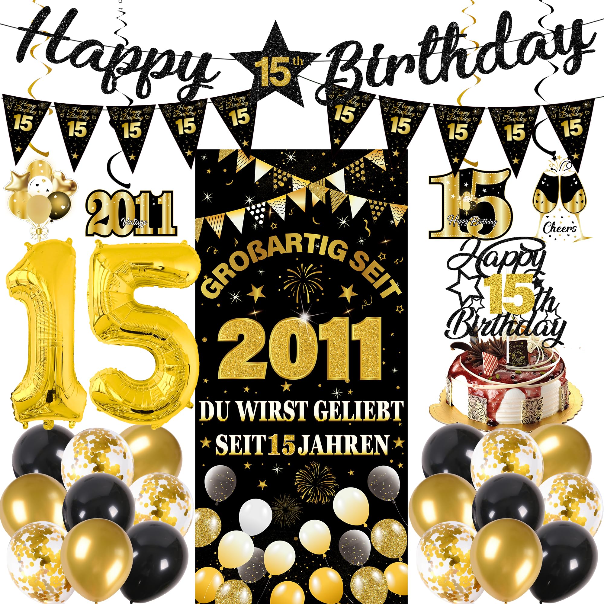 15th Birthday Decorations Boys Girls - 27 Pcs Black Gold Happy 15th Birthday Banner Triangular Flag Hanging Swirls Backdrop Cake Topper 15 Balloon Set for 15 Years Old Party Decoration Supplies