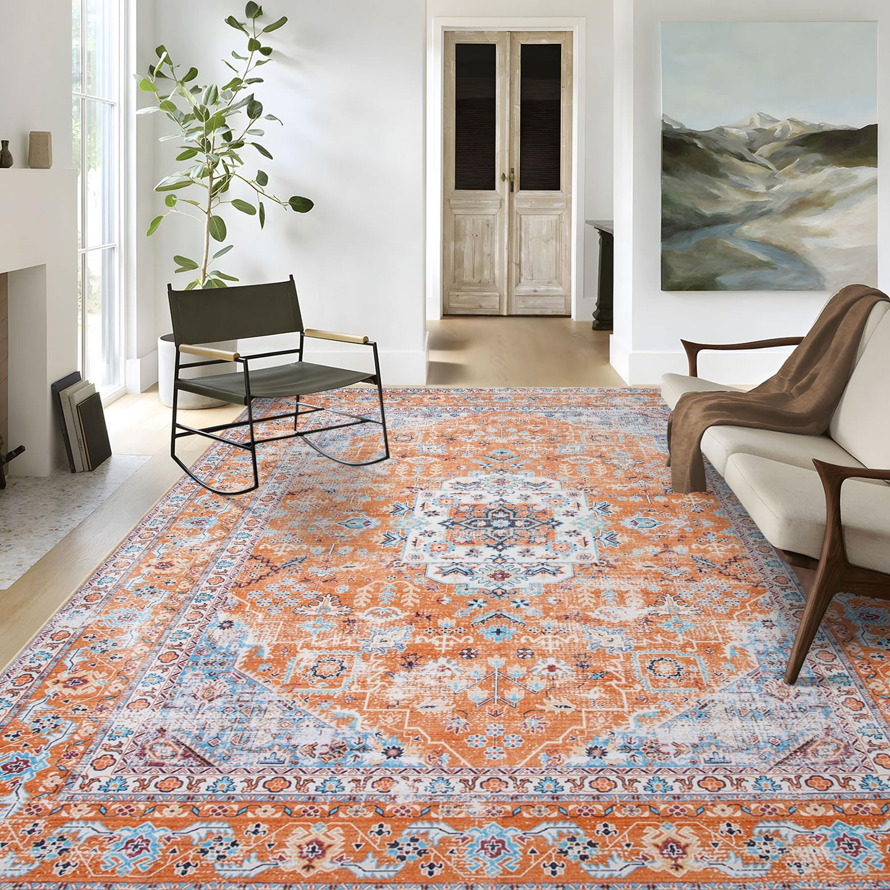 TaletaKALINA Washable Rugs Living Room Large Orange Non Slip Vintage Rug for Bedroom Soft Short Pile Oriental Area Rugs Kitchen Carpets for Dining Room (Orange, 240 x 340 cm)