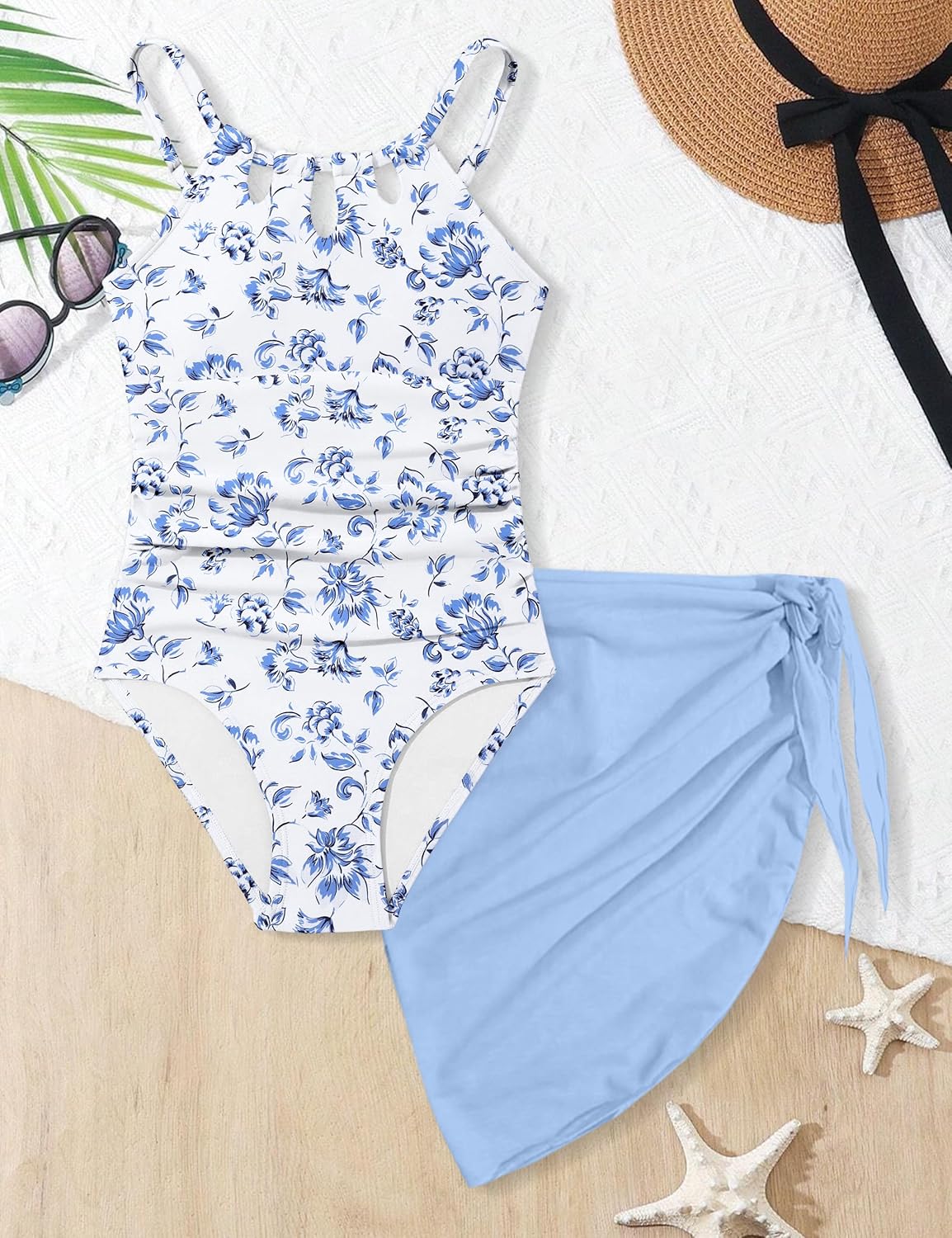 KANGKANG Girls Swimsuit Quick Dry Cut Out One Piece Swimsuits with Tropical Print Cover Up Skirt Bathing Suit Swimwear 7-18Y