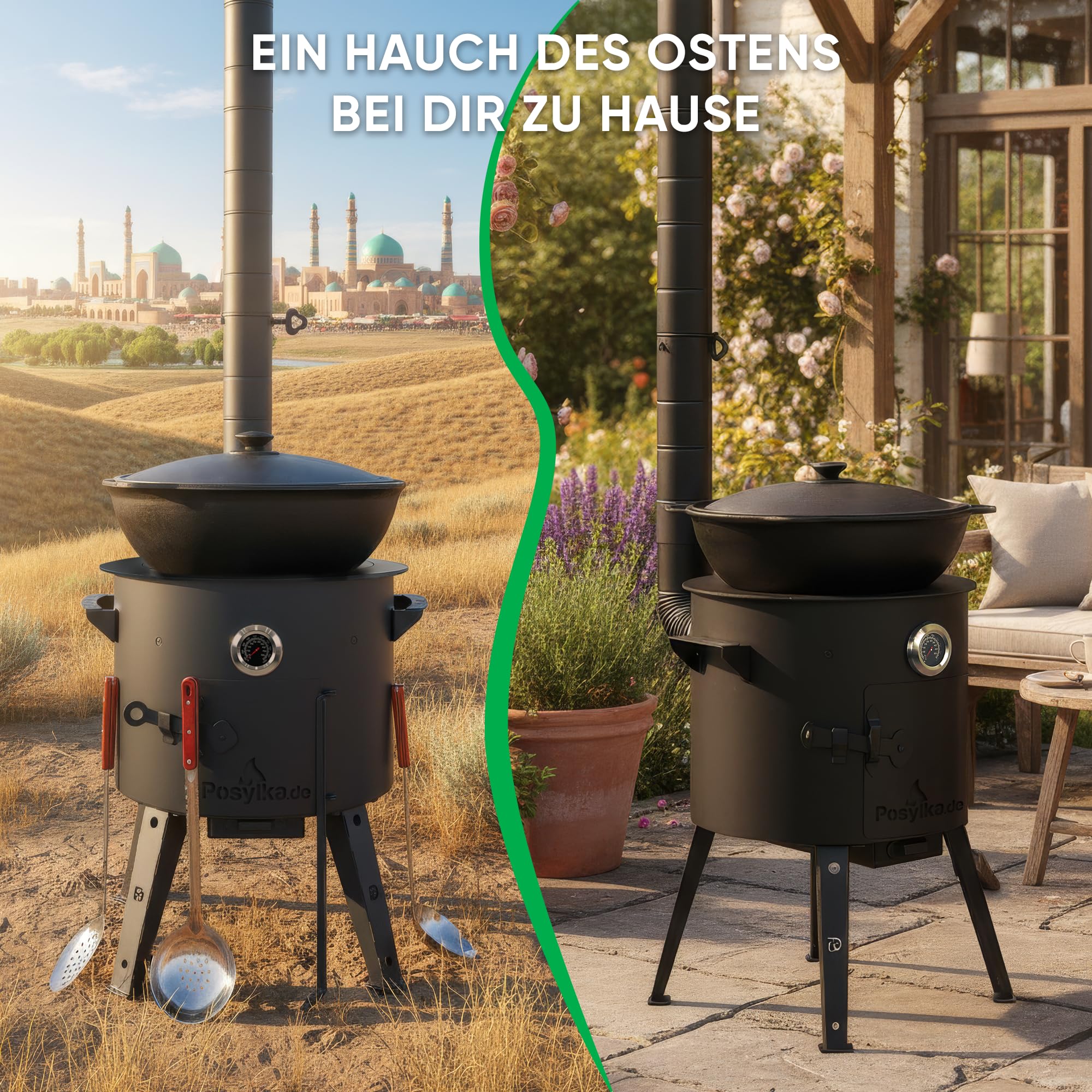 Feuerofen Ø 44cm Herdplatte Ø48 cm Kazan Ø 46,5 cm (16 L) runder Boden Thermometer Schornsteinverlängerung 2Schaumlöffel Schopfkelle 48 cm Schaumlöffel 64 cm (Set - 572)
