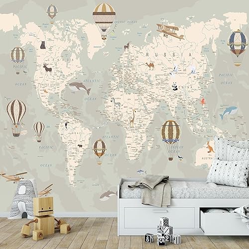 Papel tapiz para niños, mapa del mundo con animales, mural de pared removible para despegar y pegar, para niñas, niños, papel tapiz impermeable,