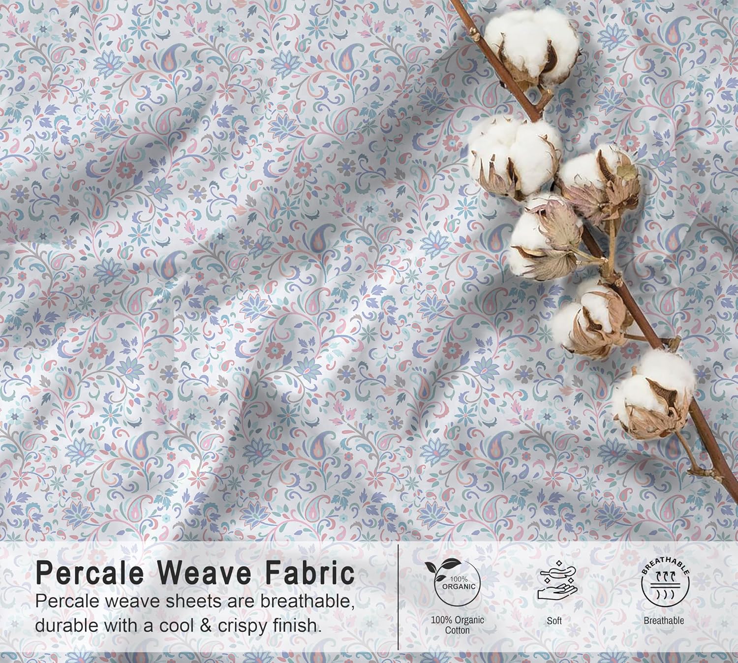 RUVANTI 100% Organic Cotton Sheets Twin XL, Percale Weave, GOTS Certified, 3-Piece Set, Deep Pocket 15", Crisp & Breathable, Soft Durable Bedding, Sábanas Algodón Orgánico – Multi Paisley - Image 4