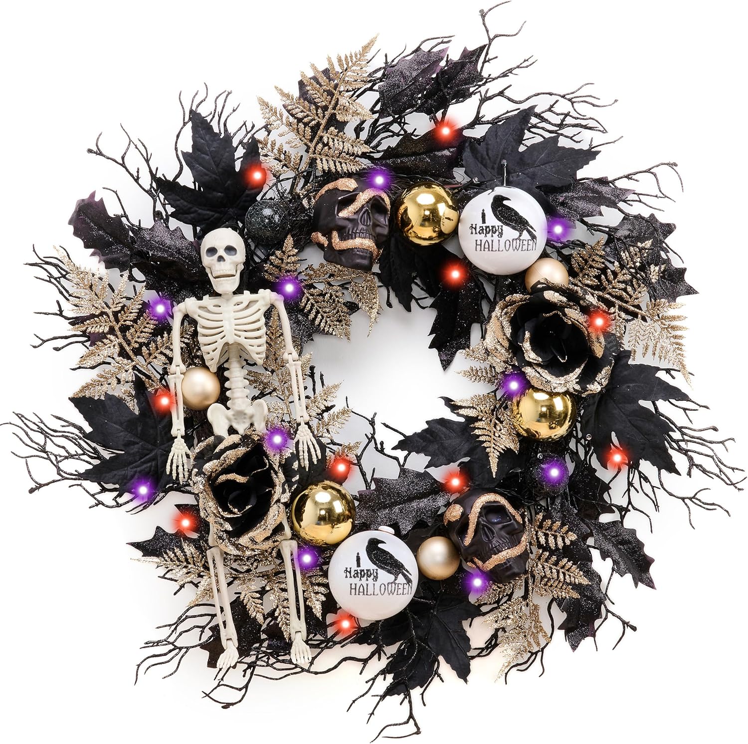DecorbyHannah Collapsible Halloween Door Wreath, 24 Inch Light Up Black Halloween Wreaths for Front Door with Skeleton, Skulls and Roses, Scary Halloween Decorations Indoor Outdoor for Porch Window