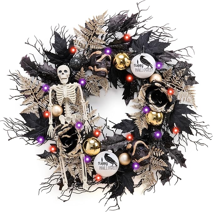 DecorbyHannah Collapsible Halloween Door Wreath, 24 Inch Light Up Black Halloween Wreaths for Front Door with Skeleton, Skulls and Roses, Scary Halloween Decorations Indoor Outdoor for Porch Window