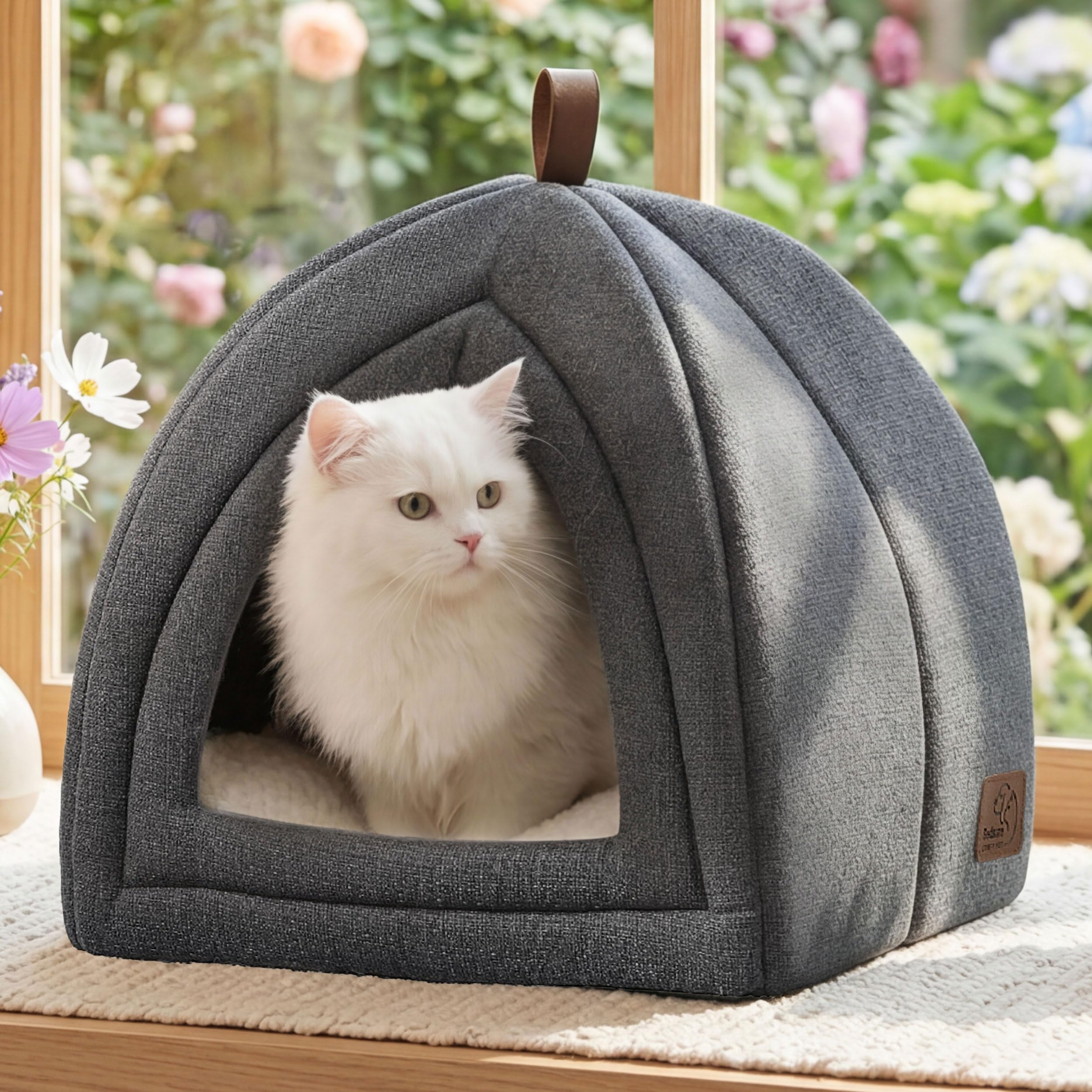 BEDSURE Katzenbett große Katzen Katzenhöhle- 40x40x40 cm Katzenhaus Indoor mit abnehmbarem Sherpa Katzenkissen und hängendem Spielzeug, Katzen Bettchen waschbar, dunkelgrau