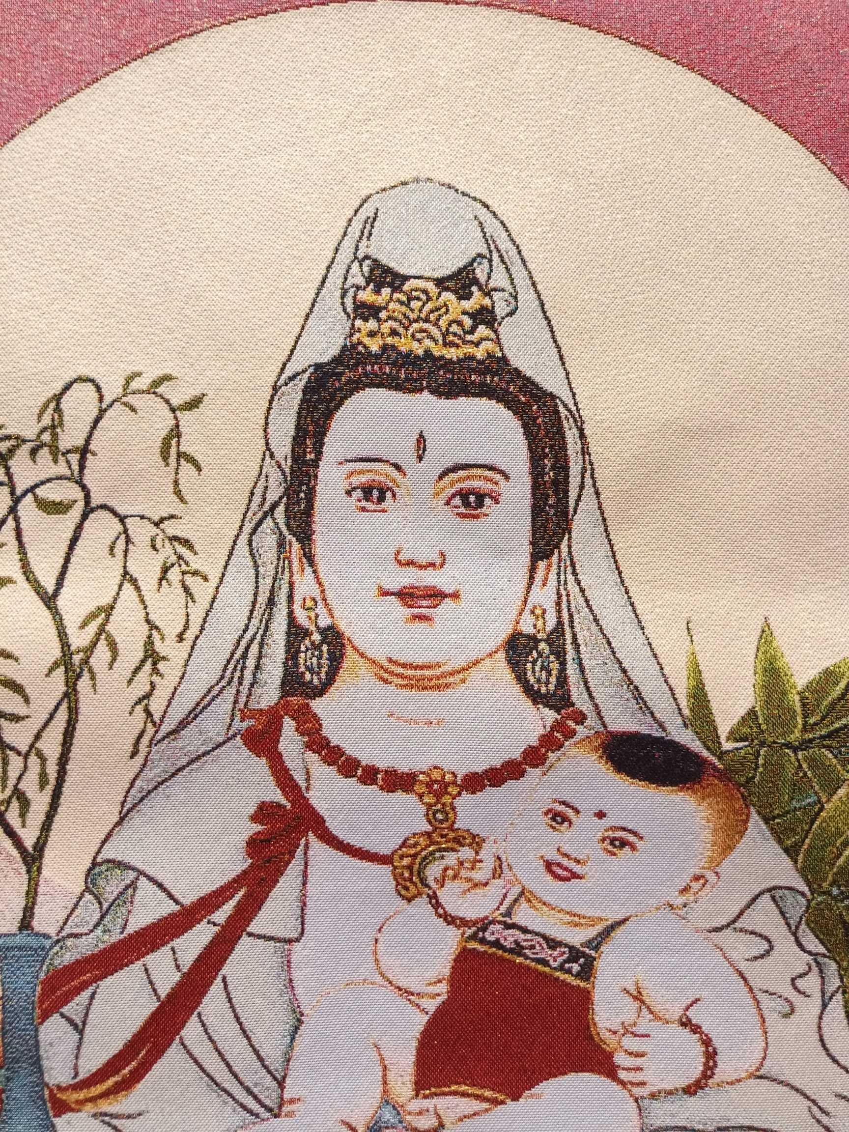 Thangka jedwabny haft buddyzm tybetański wysyłanie dziecka Kwan Yin Tangka Guanyin Avalokitesvara wiszące na ścianie do wystroju domu Tapest