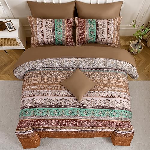 Miniatura 5 de Juego de edredón bohemio tamaño King de 8 piezas, ropa de cama de rayas bohemias marrones en una bolsa, juego de edredón de microfibra suave de