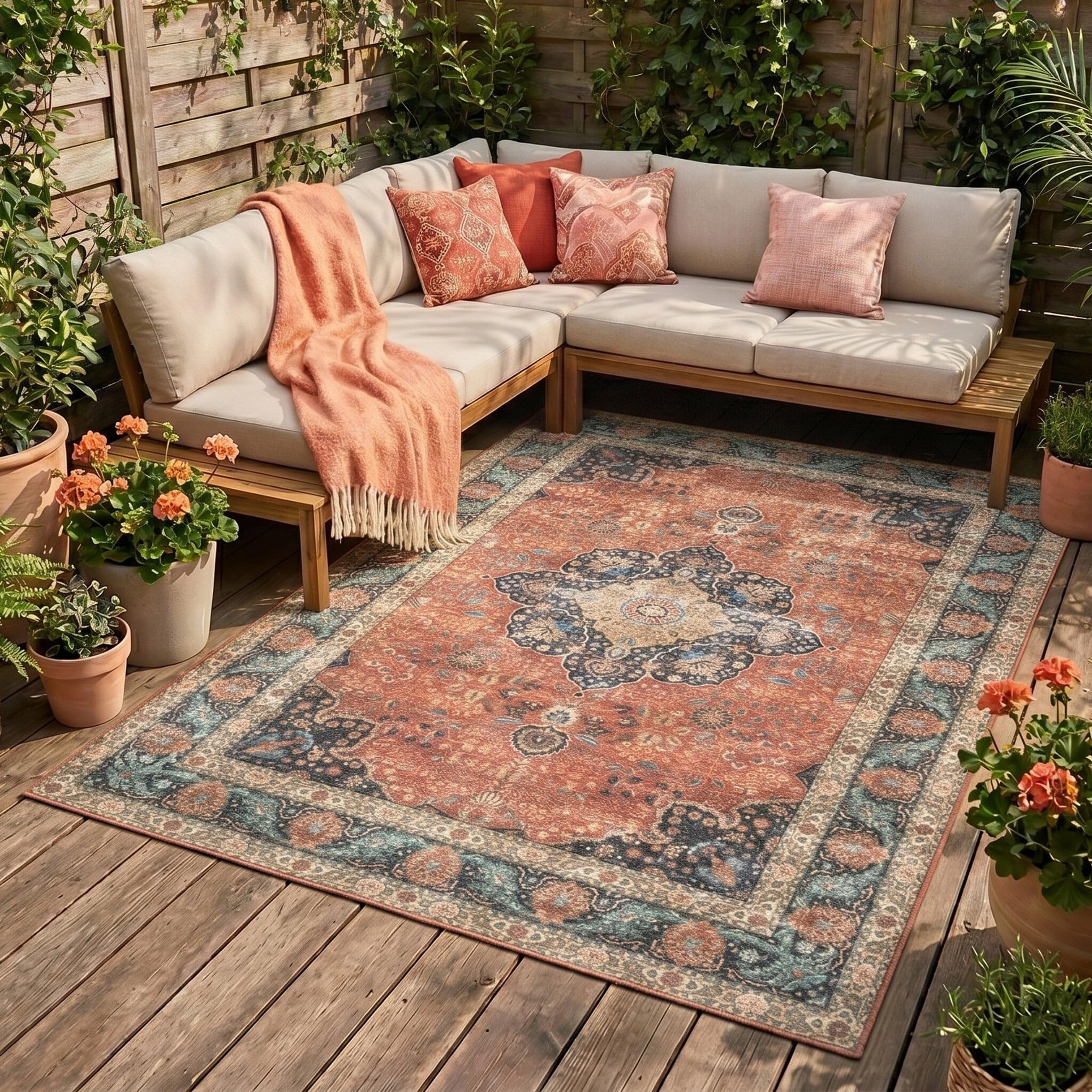 FRAAI | Home & Living In- & Outdoor Vintage Teppich - Kairo Medaillon Terra Dunkelblau - 160x230 cm