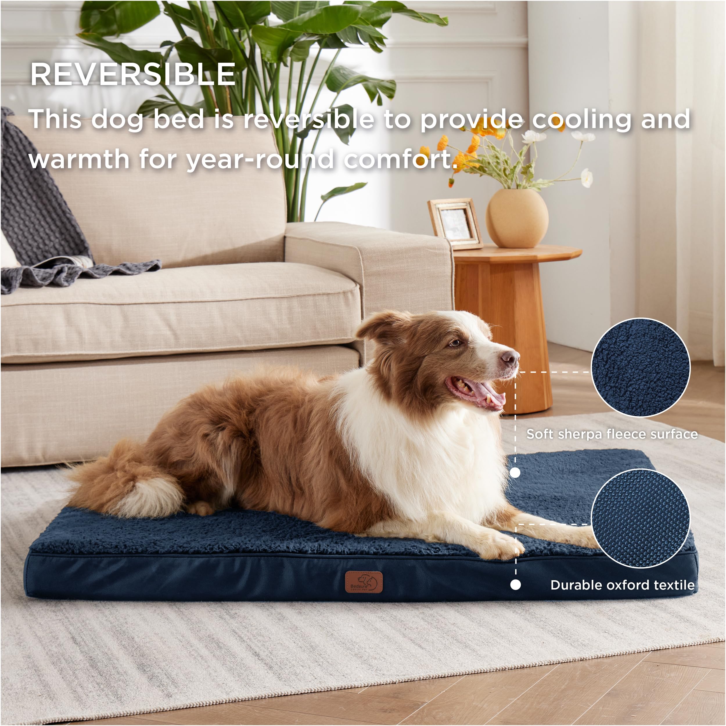 Bedsure Cuscino per Cane Gande - Materassino per Cani Taglia Grande Interno Cuscino Cane Sfoderabile Lavabile 112x81x7,6 cm Blu