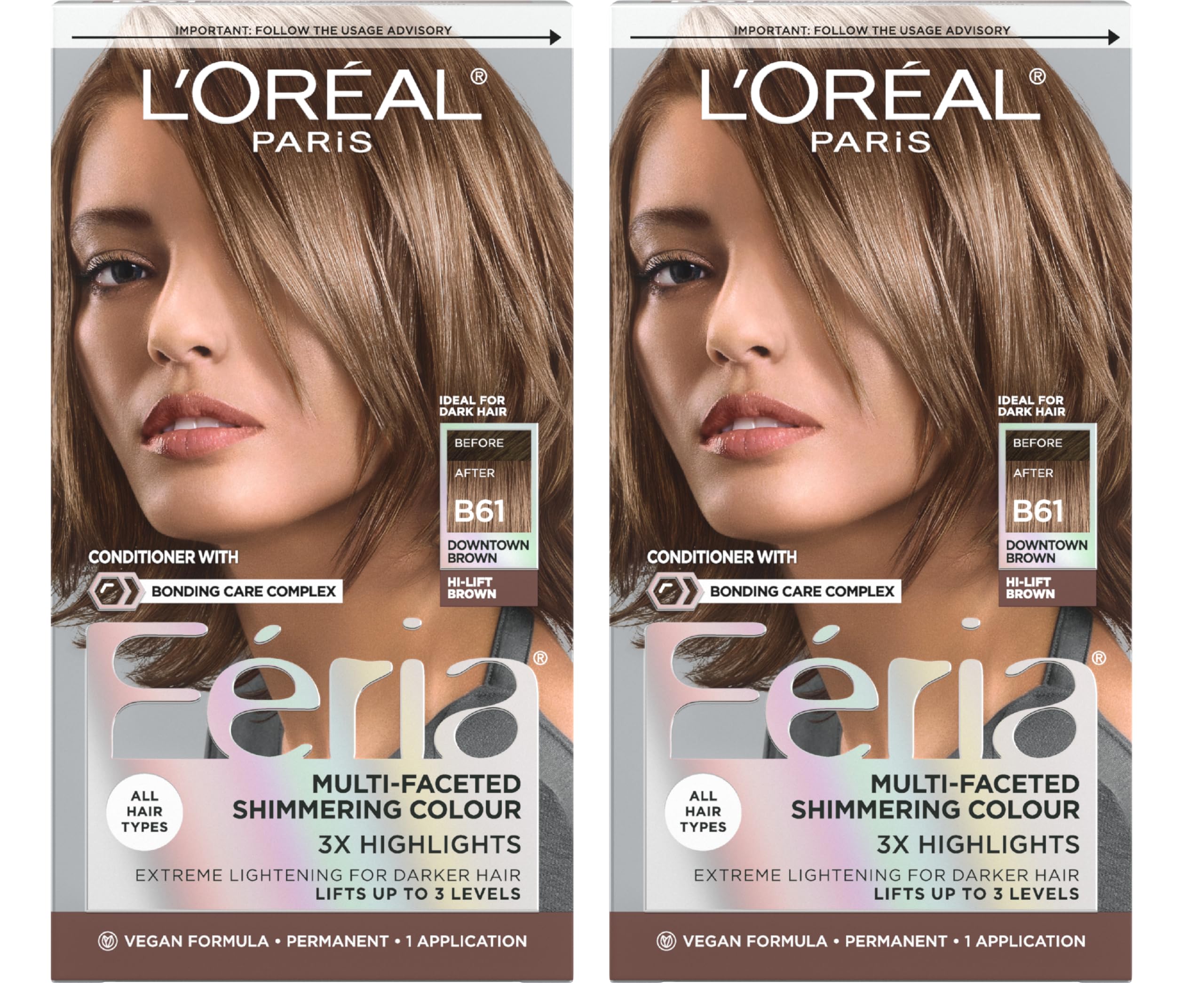 LOreal Paris Feria Multi-Faceted Shimmering Permanent Hair Color B61 Downtown Brown Hi-Lift Cool Brown 1 Hair Dye Kit Pack of 2 product thumbnail 3