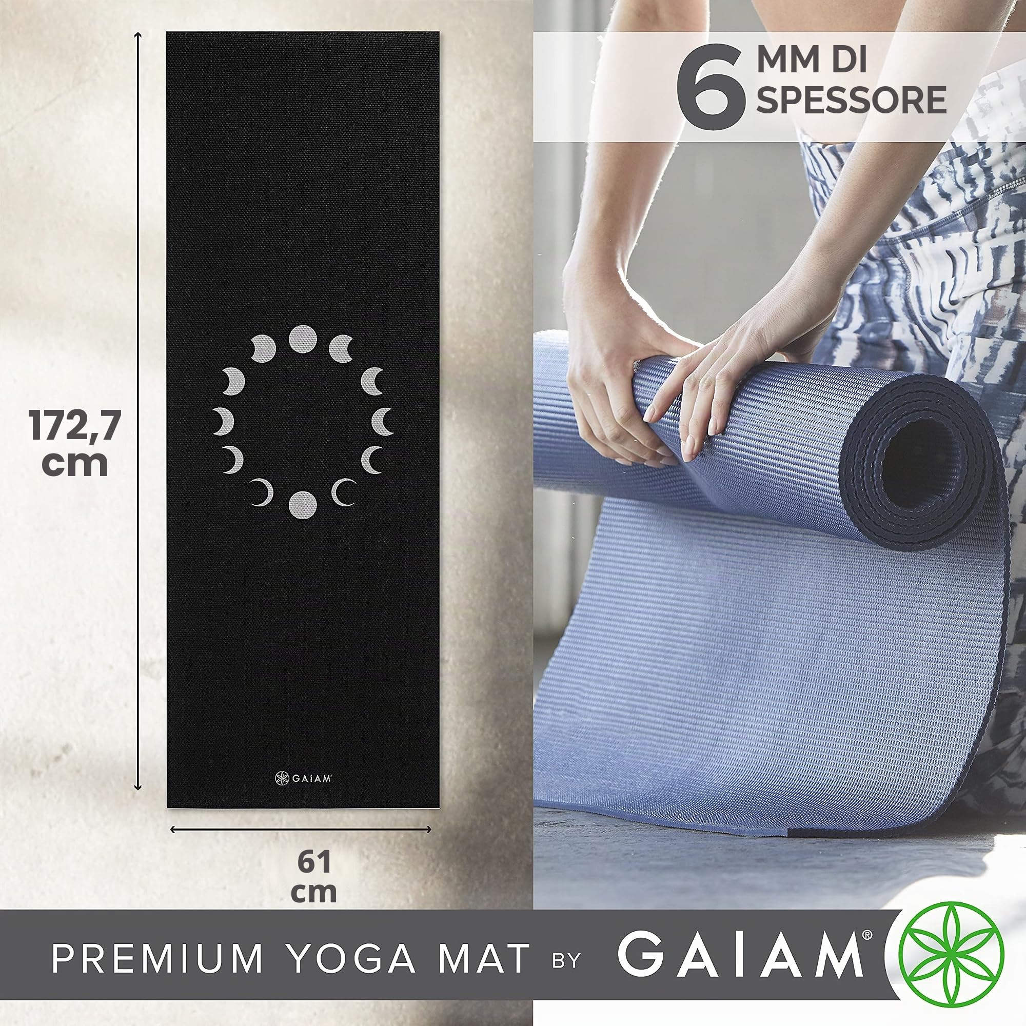 Gaiam Tappetino da yoga, 6 mm, con stampa extra spessa, antiscivolo, per esercizi e fitness, per tutti i tipi di yoga, pilates e allenamenti a pavimento (172 cm di lunghezza x 61 cm di larghezza x 6