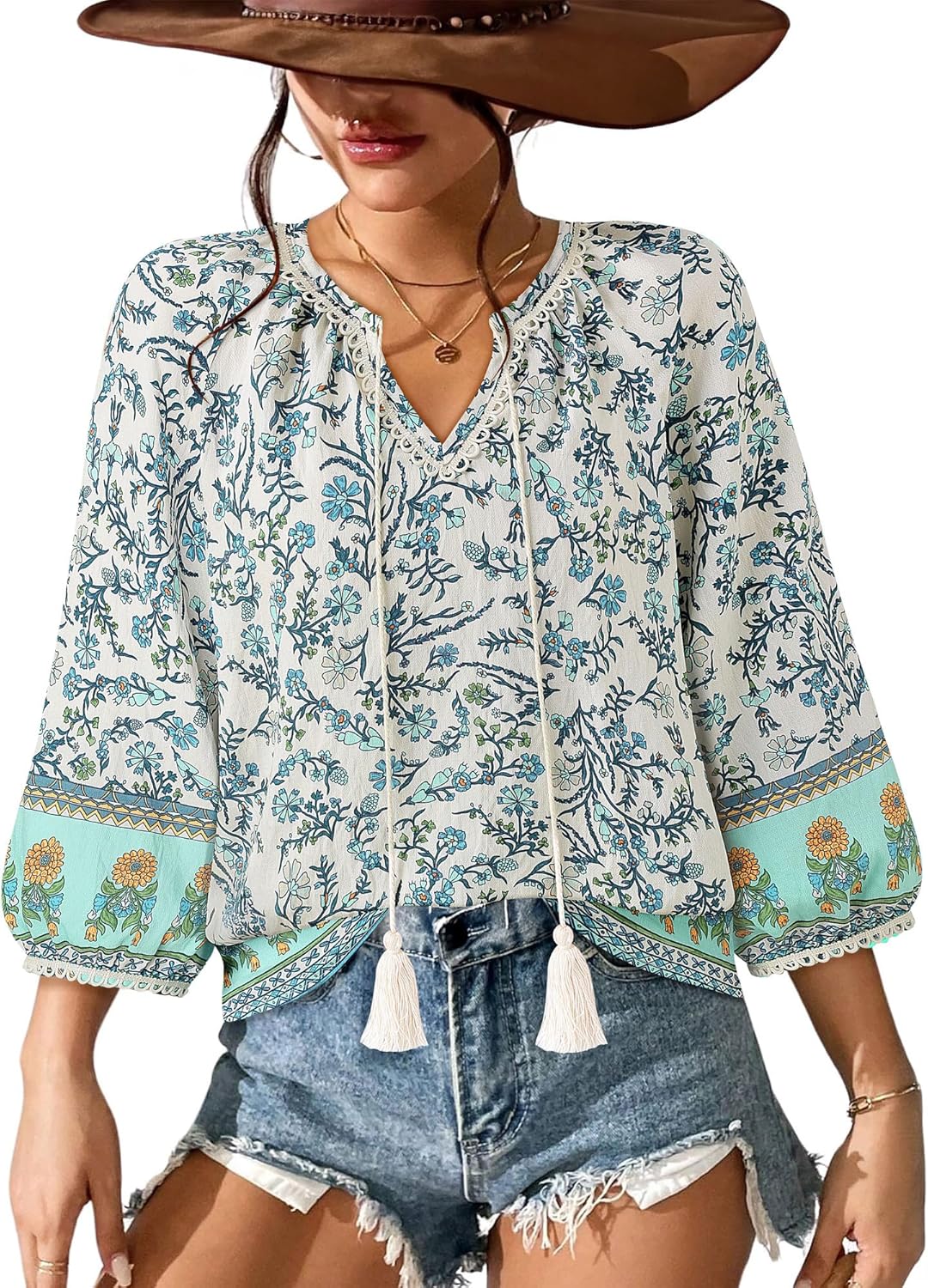 Vivilli Womens Boho Tops Casual V Neck 3/4 Sleeve Blouses Floral Print Shirt Tie Front Flowy Vacation Clothes - Image 5