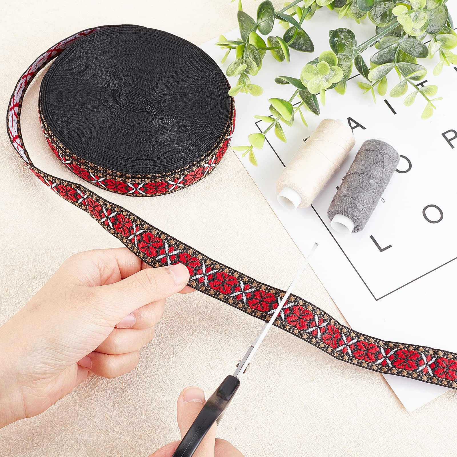 FINGERINSPIRE 20 Yards/18.3m Black Red Narrow Vintage Jacquard Ribbon 20mm Floral Butterfly Pattern Embroidered Woven Trim Ethnic Style Polyester Ribbons Sewing Craft Jacquard Trim for Embellishment - Image 3