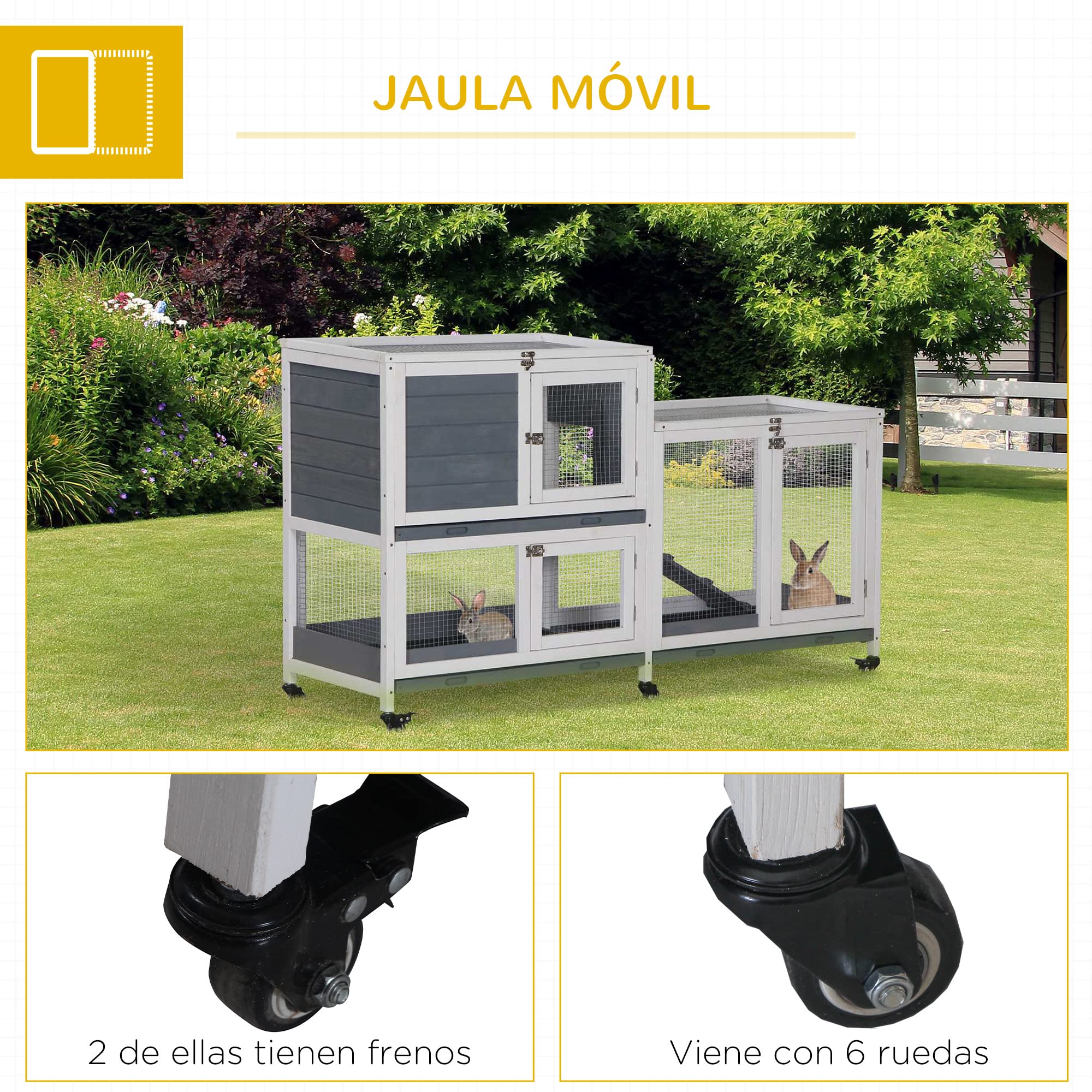 PawHut Conigliera in legno su ruote 147x45,5x88,5 cm Gabbia per conigli a 2 livelli con tetto apribile 2 corridoi in metallo 3 vassoi rimovibili 3 porte con chiusura e rampa Grigio