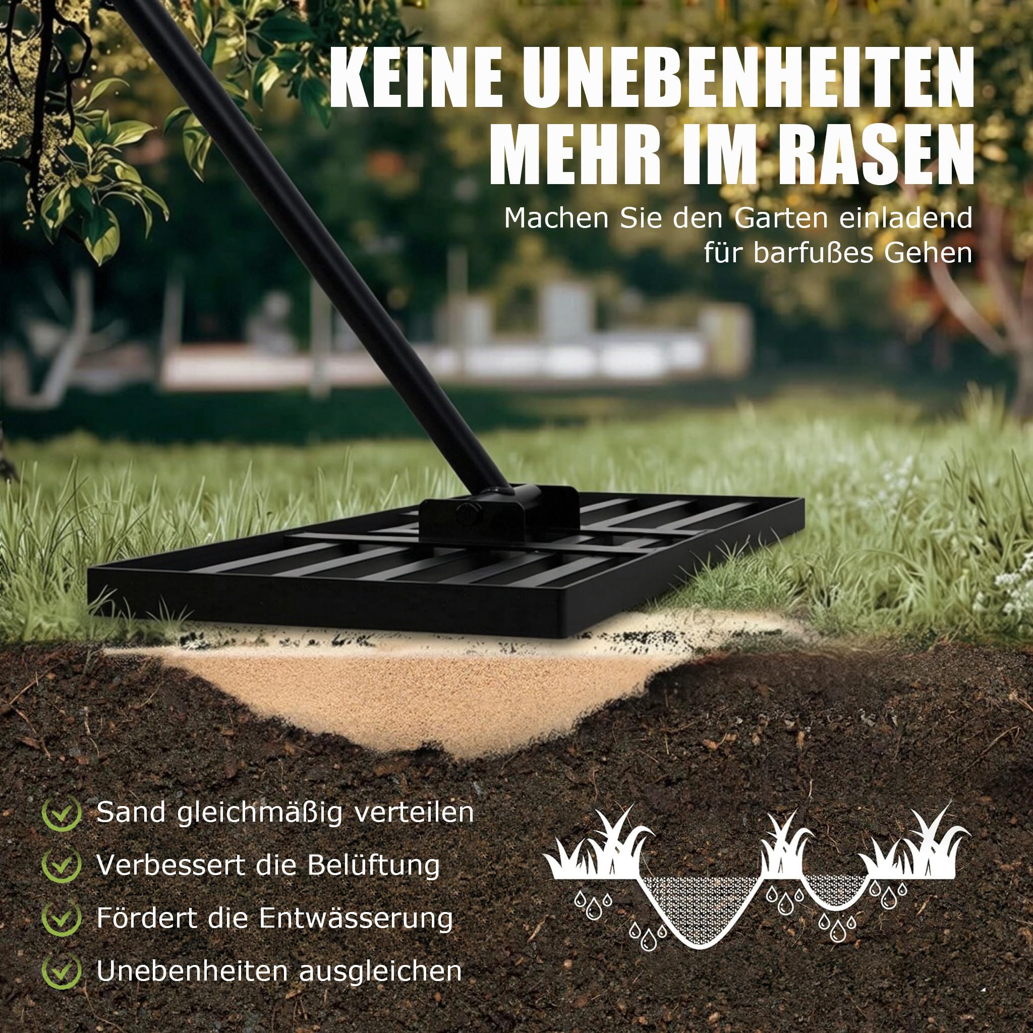 GREELUE Rasqueta de nivelación de césped, mango de metal, herramienta para nivelar césped, nivelación de césped, para jardín, patio, campo de golf, cuidado del césped para todas las áreas de césped