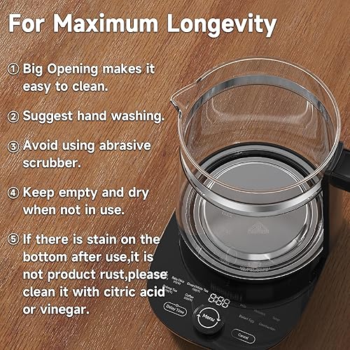 Miniatura 7 de ICOOKPOT Tetera eléctrica de vidrio caliente con infusor de té y control de temperatura, cafetera de acero inoxidable de 1.5 L y ebullición rápida