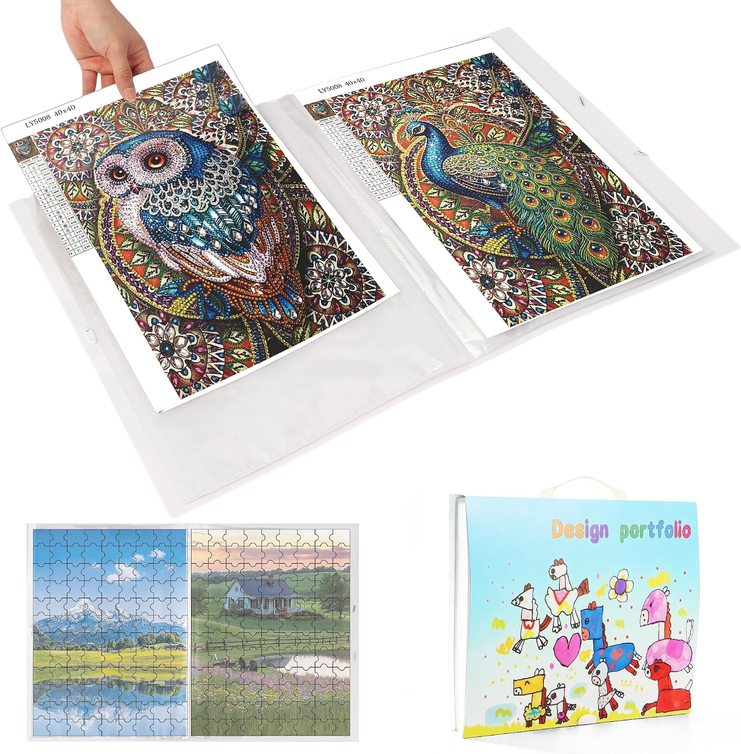 Kids Art Portfolio Folder with Handle, Large Artwork Storage Organizer for Drawings, Crafts, Puzzles & School Projects, Cute Cartoon Horse Design Art Portfolio Case for Boys Girls, Waterproof (Blue)