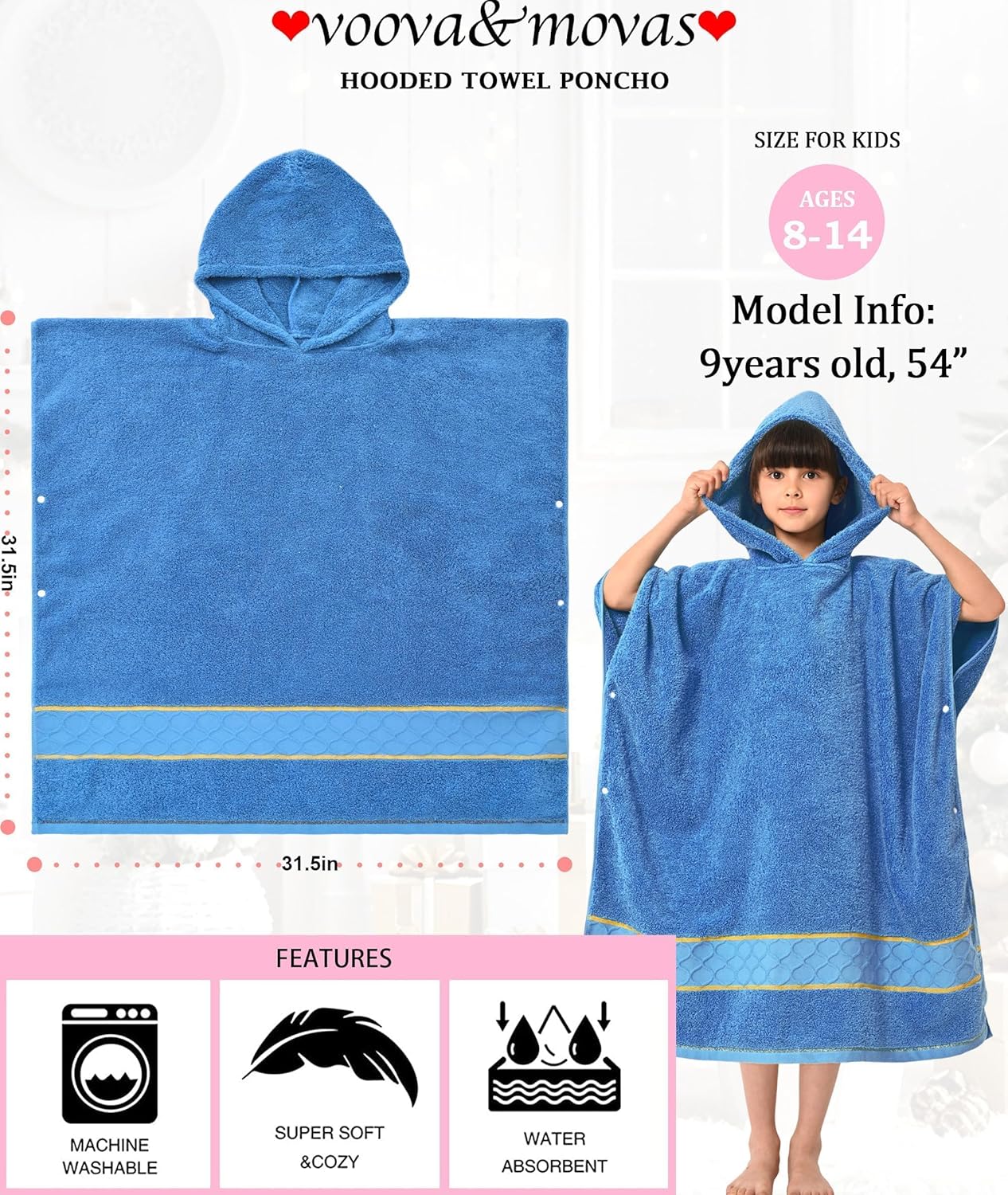 VOOVA & MOVAS 32"X64" Large Turkish Hooded Towels for Boys Age 8-14,Thick 600GSM | Large | 100% Cotton Poncho Towel, Ultra-Soft | Absorbent Robe, Perfect for Swim | Bath | Beach | Gifts,Blue - Image 2