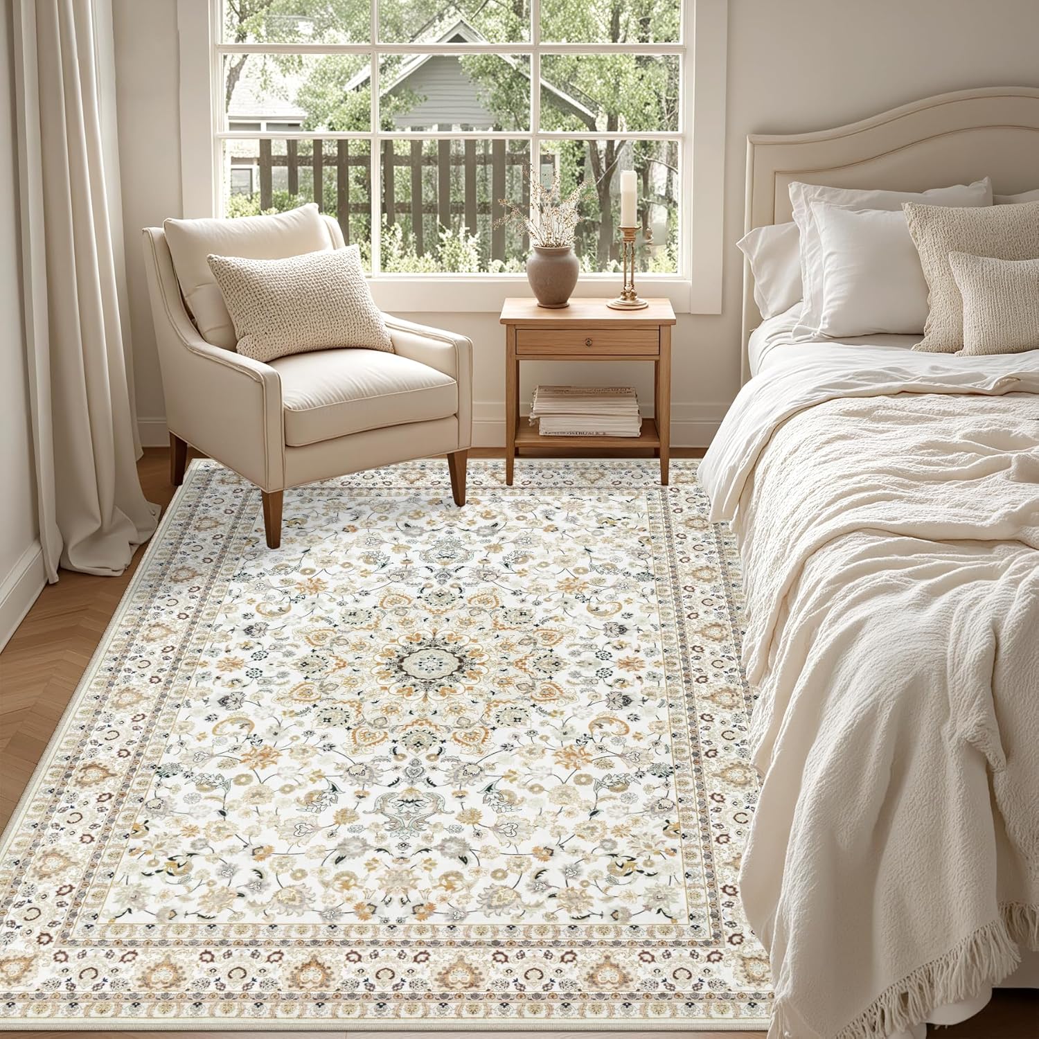 5x7 Area Rugs Living Room Rug: Washable Vintage Boho Rug No Slip Stain Resistant Soft Carpet Indoor Floor Floral Large Carpets for Bedroom Dining Room Farmhouse Nursery Hallway Home Office Beige - Image 4