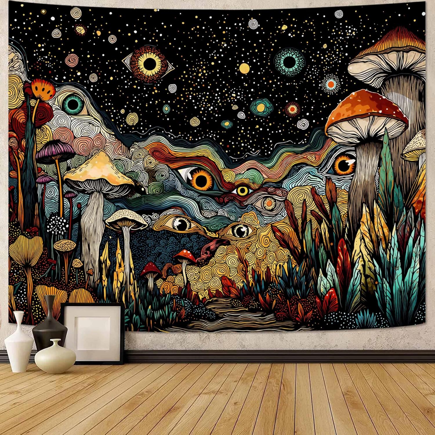 Wegklazax Giant Red Mushroom Tapestry, Surreal Fantasy Wall Art for Room Decor, Vibrant Night Botanical Home Decor 90" L x 70" W