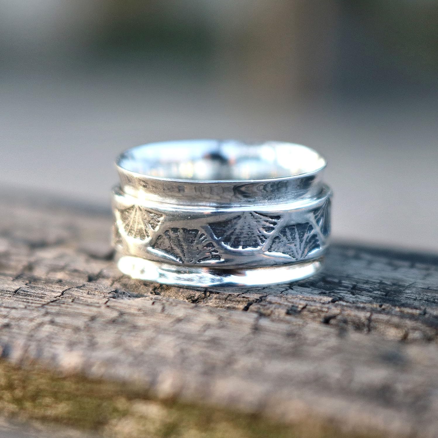 ENERGY STONE 925 Sterling Silver Fidget Ring | Women Meditation Spinner Ring | Ginko | Engraved Ginko Leaves In Spinner Band | Wisdom | Devotion | Centering | Anxiety Relief As You Spin | Size 7-11