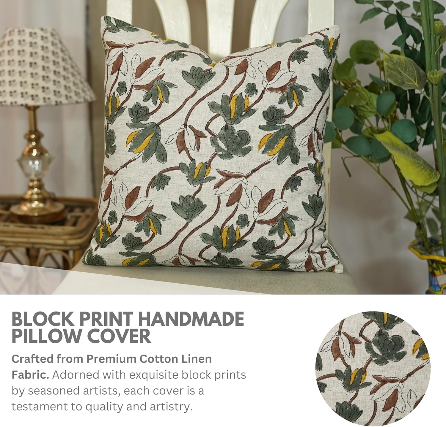 Pillow Covers 12x20 Hand Block Floral Print Cotton Linen Boho Pillowcase Cushion Cover Throw Pillows Decorative Fall Decoration Pillow for Sofa, Couch, Indoor, Outdoor, Shivri, Dark Green