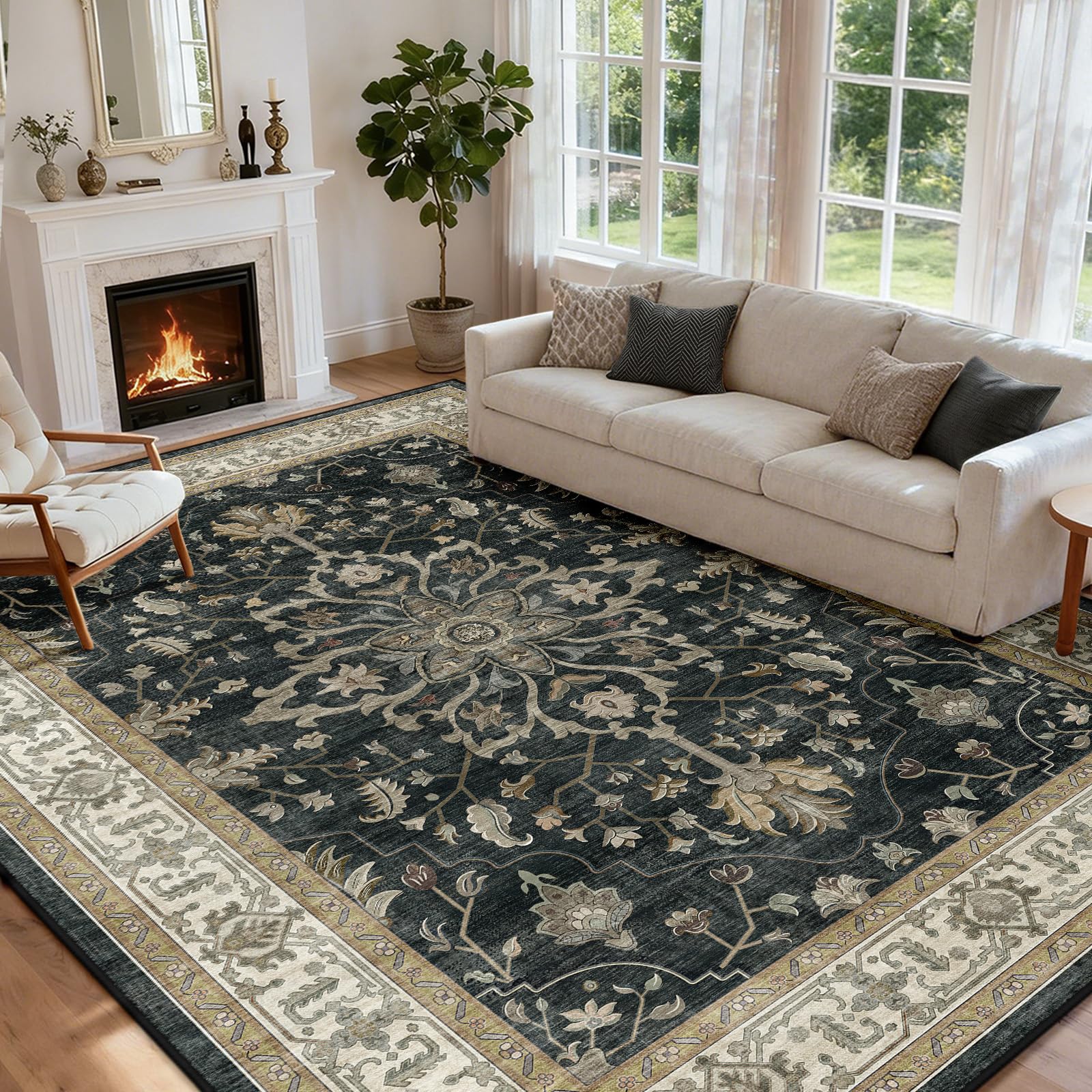 INOVADAY Machine Washable Rugs 240x300 cm Vintage Area Rug Low Pile Anti-Slip Carpet with Print Pattern for Living Room Bedroom Home Office Indoor Black/Beige โ image 1