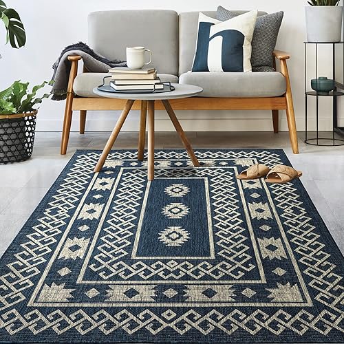 Miniatura 3 de Antep Rugs Patio 8x10 - Alfombra nativa azteca del suroeste para exterioresinteriores (azul, 7 pies 10 pulgadas x 10 pies)