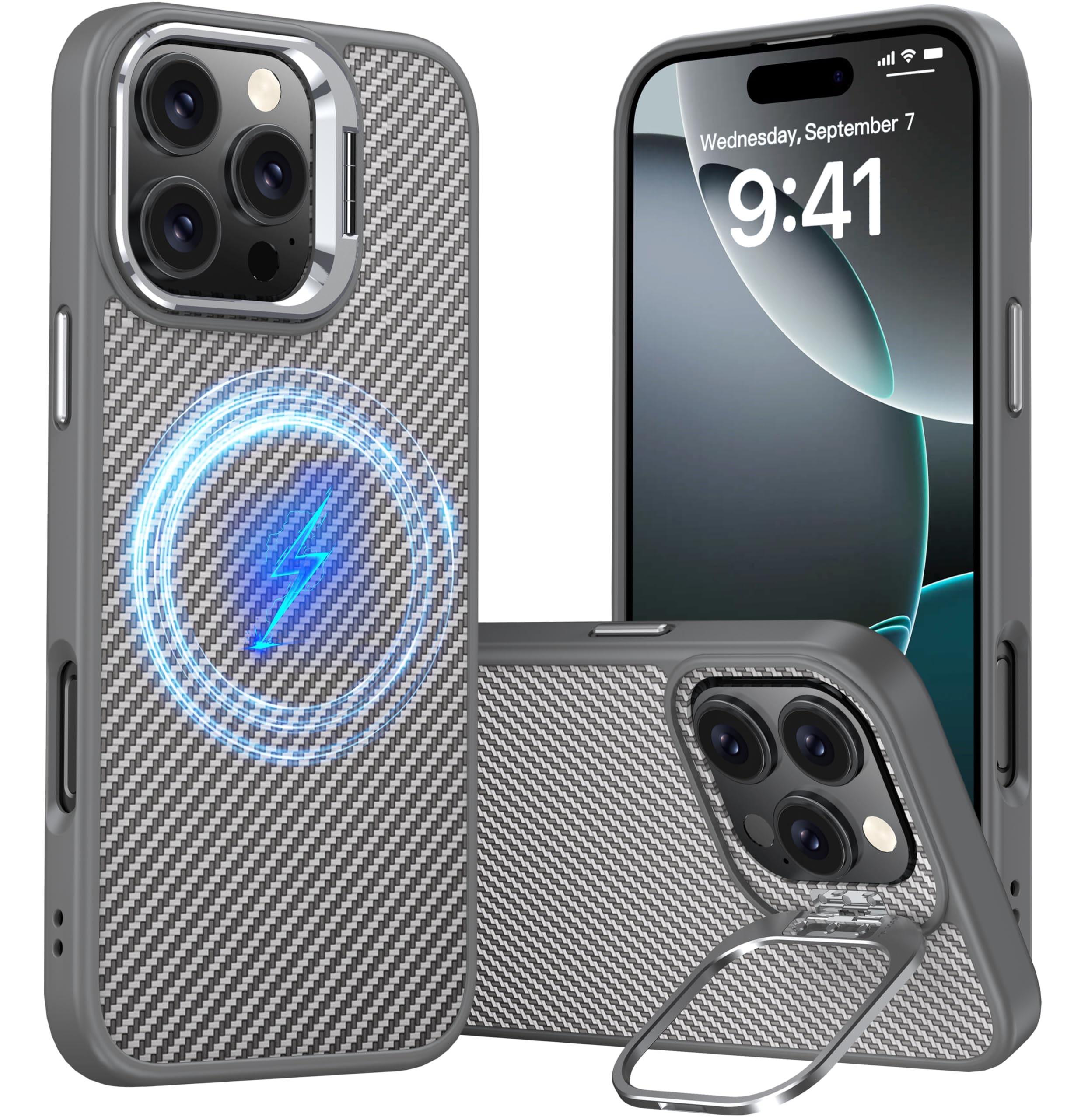 Magnetic for iPhone 16 Pro Max Case Carbon Fiber Skin Sensation【Compatible With magsafe】【Metal Lens Kickstand】Dropproof Sturdy Carbon Fiber Pattern【