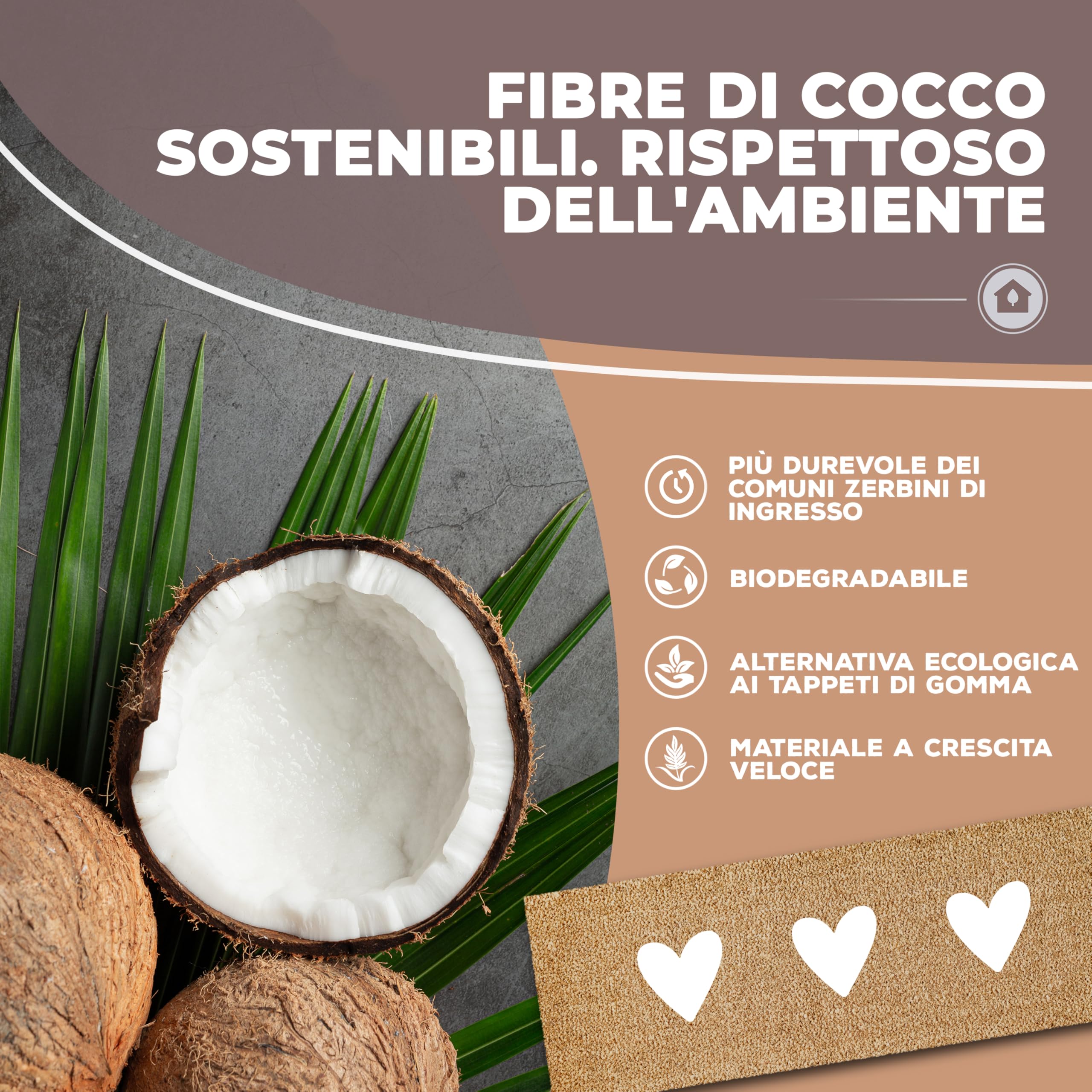 ElbFuchs® Zerbino in Cocco 75x25 cm | Cuori Bianchi | Extra Resistente e Antiscivolo | Zerbino Esterno e Interno Ingresso | Tappeto Spazzola in Cocco per Ingresso Esterno Stretto