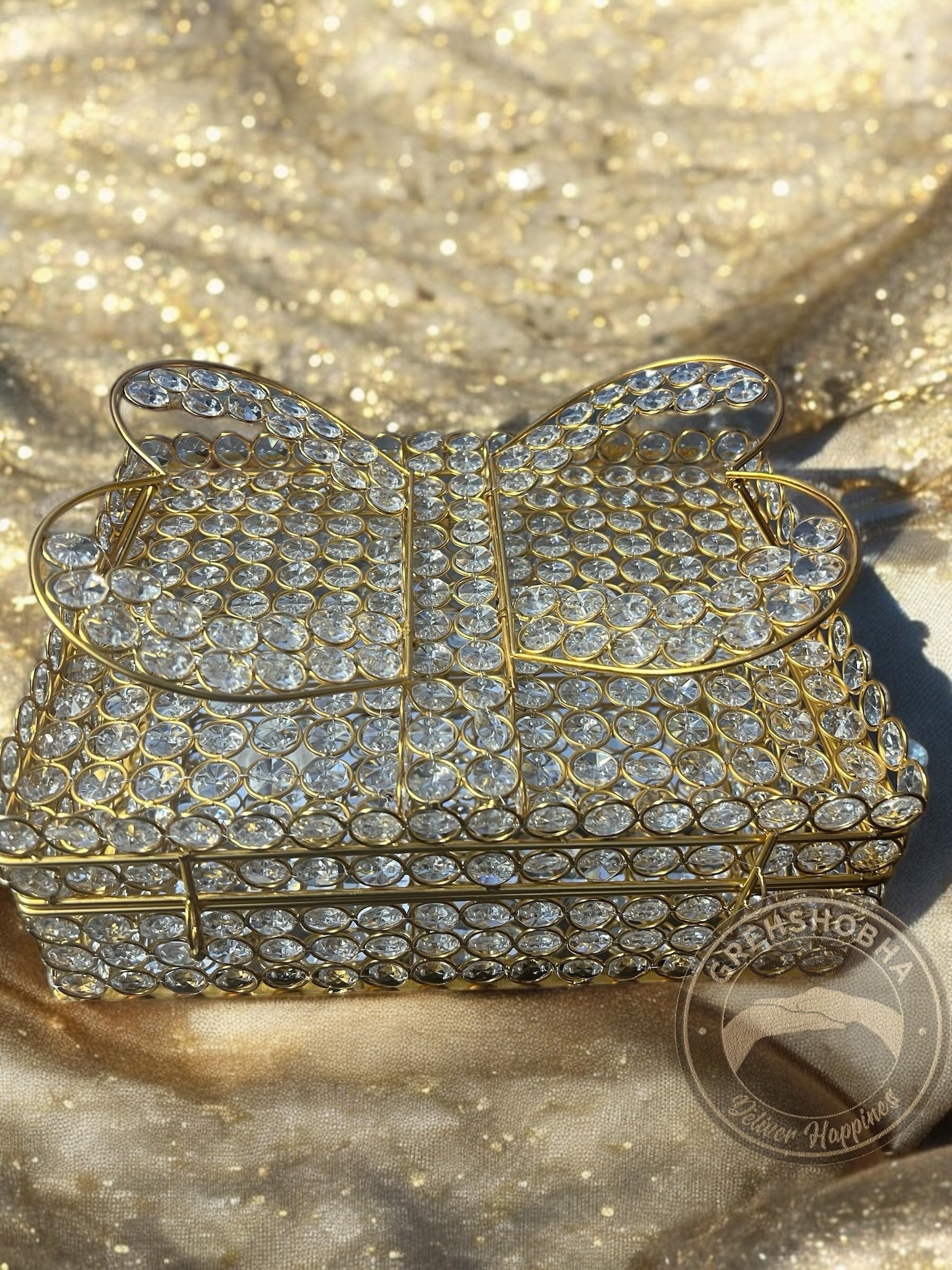 Iron Frame Holy Quran Sharif Book Reading Holder Rihal Stand | Golden Toned with Crystal Glass Beads | Quran Holder for Bride & Gifting Purpose | Size: 12 Inch, Pack of 1