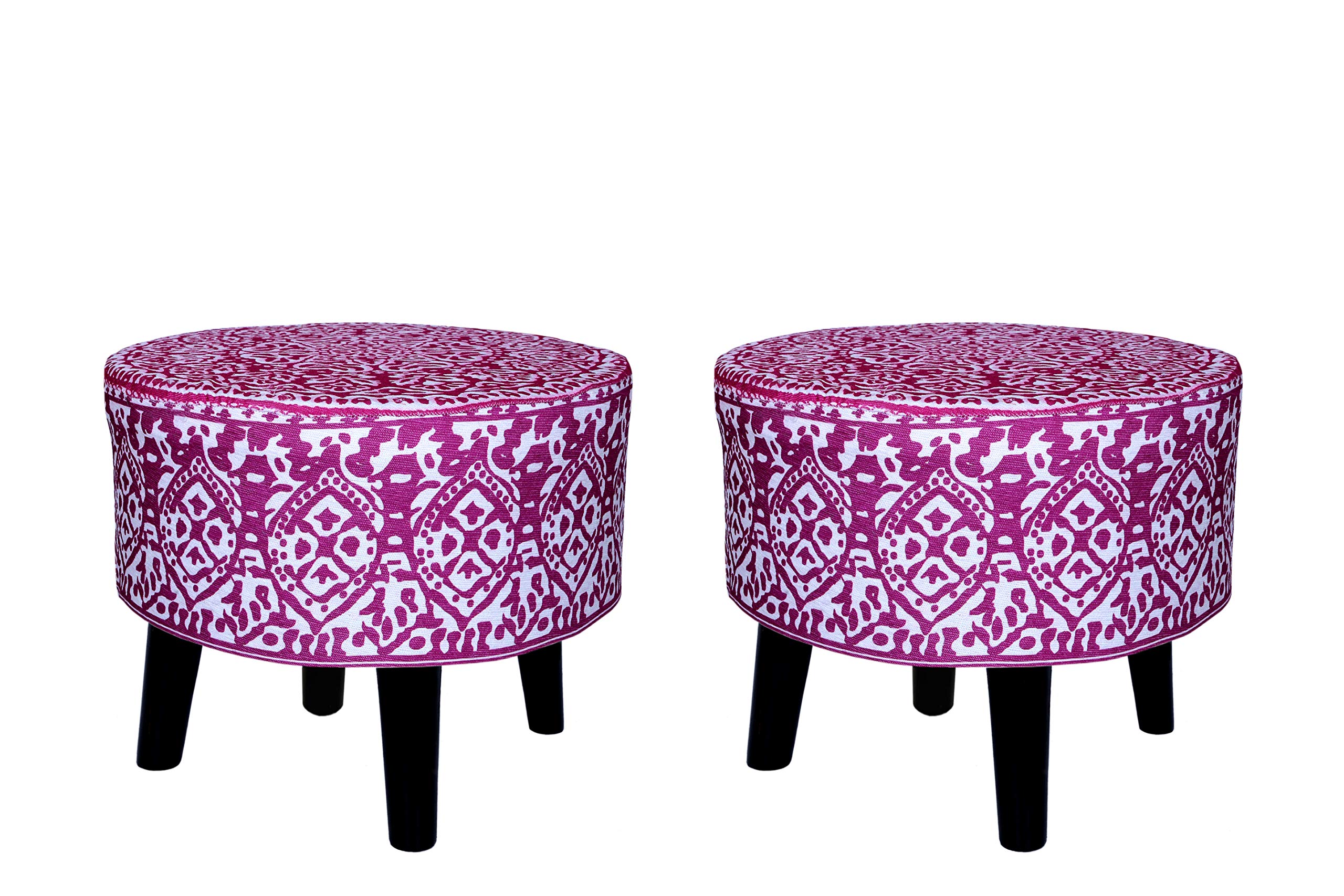 RISHAL Cotton Canvas Side Stool Printed Ottoman Upholstered Foam Cushioned Pouffe Puffy Coffee Table for Living Room with 4 Wooden Legs (16-Inch Height.) Package Quantity 2 (Large, Pink)