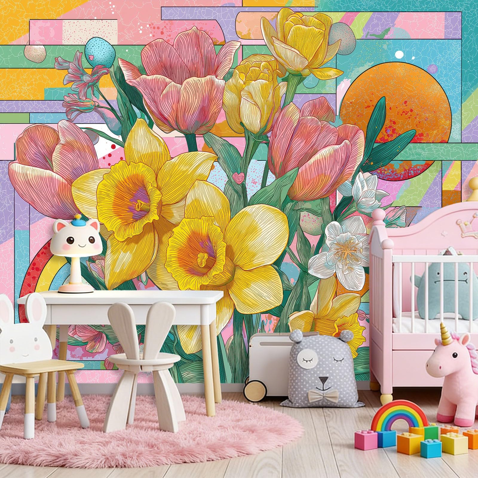 Tapeta Rośliny Kwiaty Geometria Kolorowe Bloki Malowidła Ścienne Fototapety, Kolorowy Wystrój Ścienny Mural do Salonu Sypialni Pokój Dziecięcy Dekoracja Wnętrz 250 x 175 cm