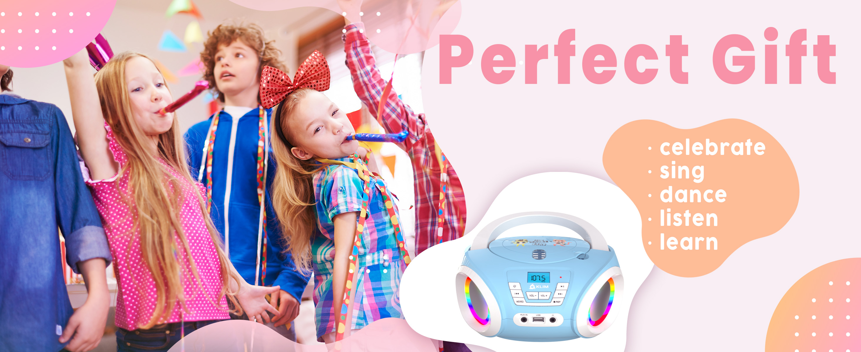 KLIM Candy Boombox CD Player for Kids - New - FM Radio - Batteries